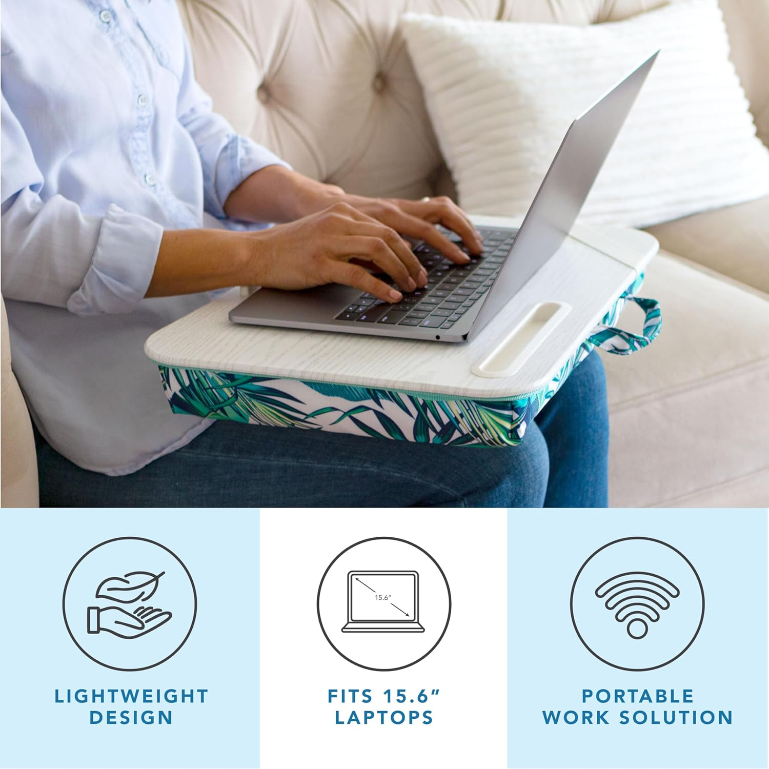 LAPGEAR Designer Lap Desk with Phone Holder and Device Ledge - Tropical Palm Leaves - Fits up to 15.6 Inch Laptops - Style No. 45427 - Floral Block Print image number 6