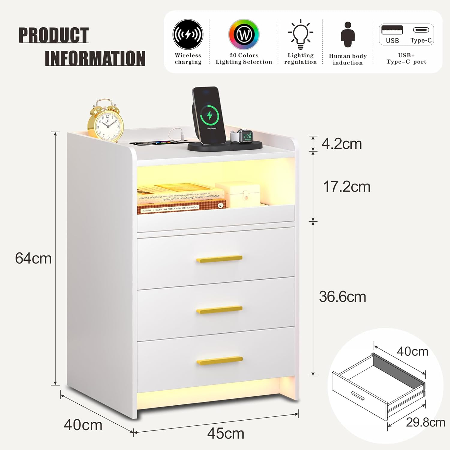 Dystler Nightstand with Wireless Charging Station Bedside Table with RGB Light & Human Sensor Design 3 Drawers LED Modern Night Stand End Table for Bedroom Livingroom Office, White - Black image number 4