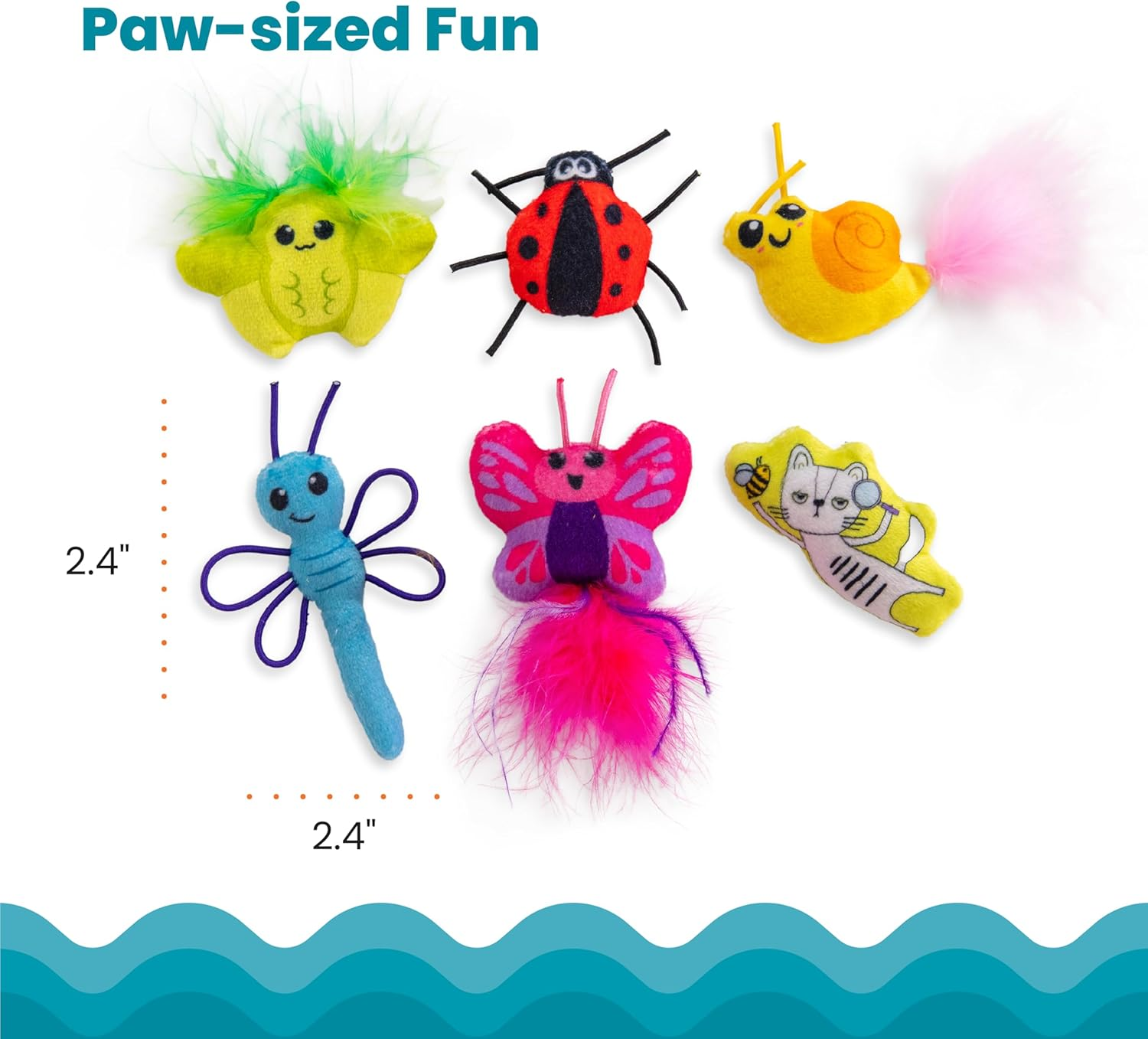 Catstages Cute as a Bug Plush Interactive Cat Toys, Bug Themed Kicker Catnip Toys with Feathers, Crinkle, Mesh, 6Pk, Small, Multicolored image number 5