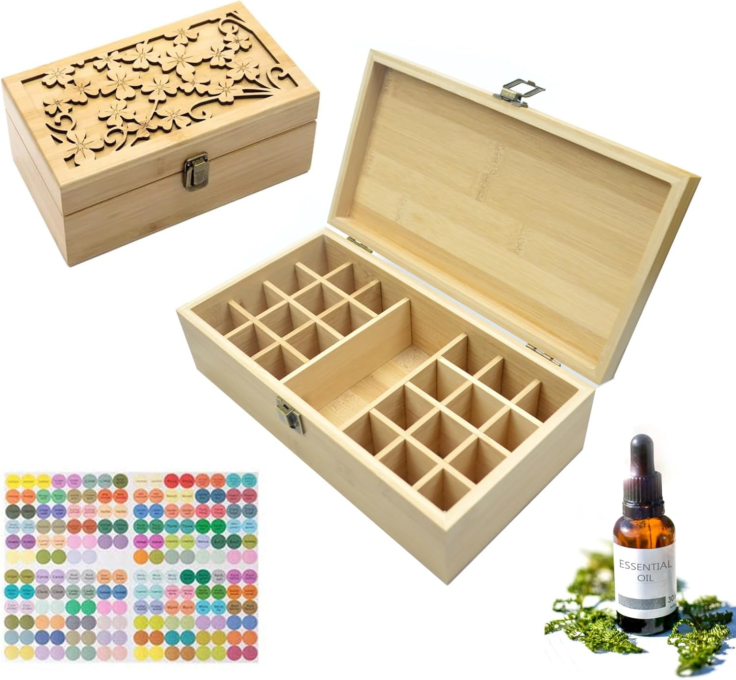 Pure Vie Bamboo Essential Oil Storage Box Travel Organizer Case with Bottle Cap Label - Aromatherapy Nail Polish Fragrance Container, Holds 24 Bottle for 5-30Ml - Keep Scented Oil Safe & Space Saver image number 2