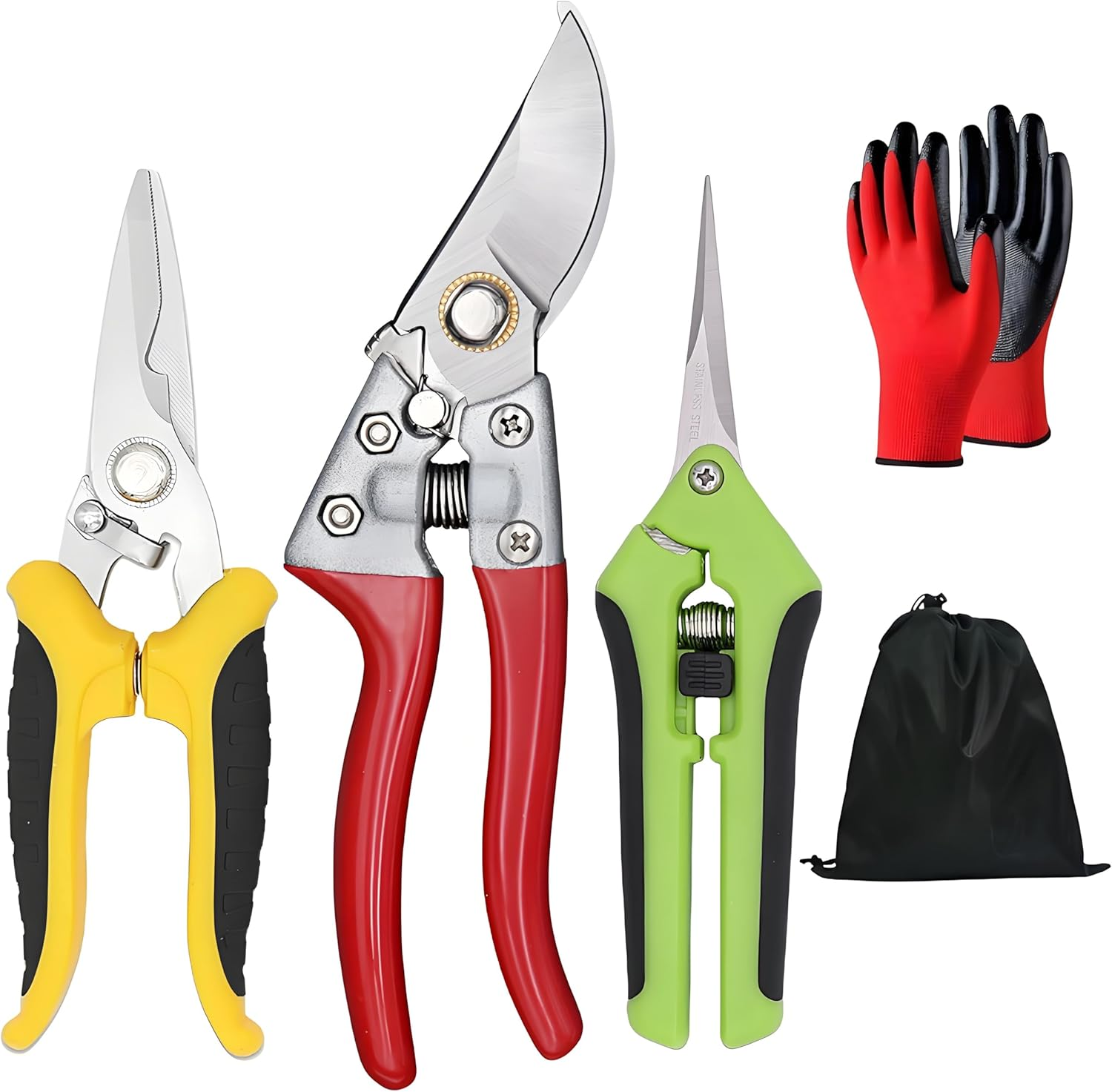 5 Pack Garden Shears with Gardening Gloves Set，High-Carbon Steel Sharp Pruning Shears，Horticultural Fruit Picking Scissors，Straight Head and Electrician Scissors with a Black Storage Bag image number 1