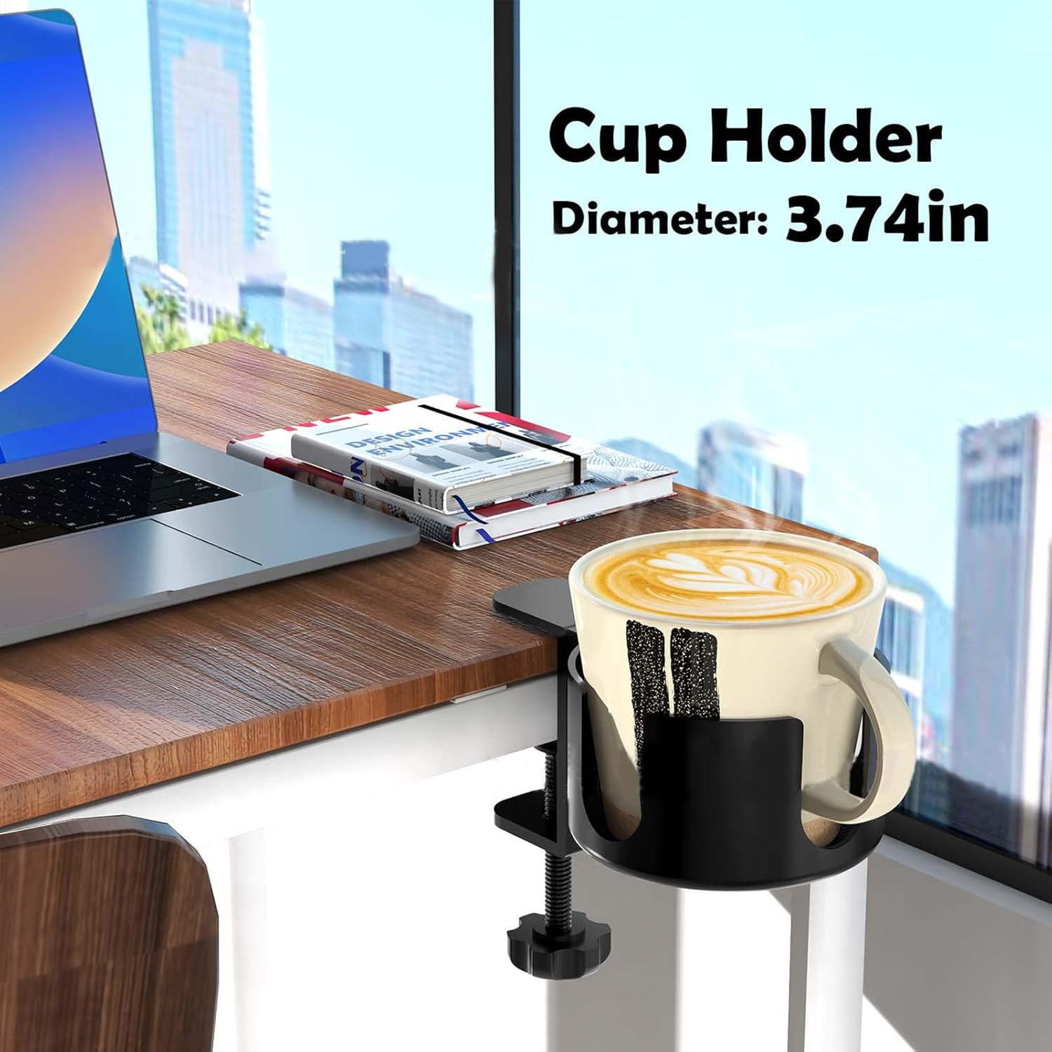 Creative Table Drink Holder, Desk Cup Holder Made of Aluminum Alloy, Adjustable Table Cup Holder Clamp, Desk Bottle Holder Easy to Install, for Water, Drinks, Coffee Cup (Black) image number 2