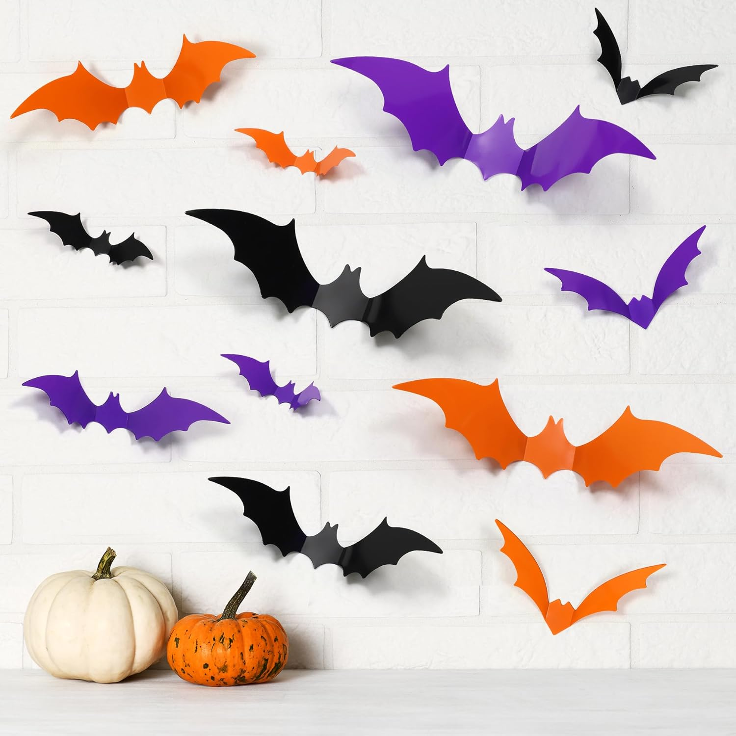108 PCS 3D Halloween Bats Wall Decor, Realistic PVC Bats Halloween Decoration,Scary Plastic Bat Wall Stickers for Indoor Outdoor Decor (Black Purple Orange)