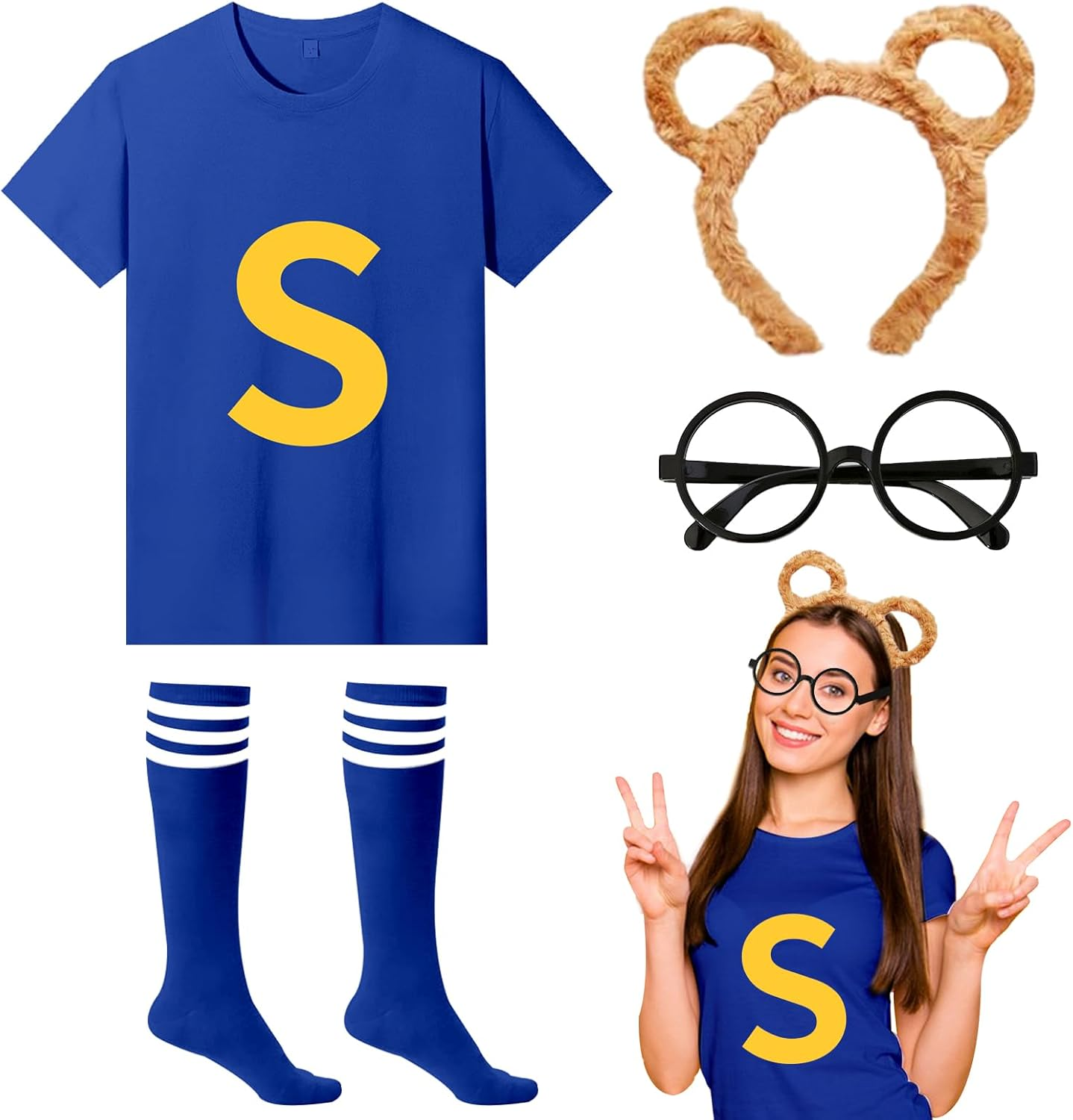 4Pcs Chipmunks Costumes Set with Chipmunk Headbands Glasses T-Shirt Soccer Socks, Chipmunks Fancy Dress Outfit Party Animal Cosplay for Adults Teens World Book Day Halloween Party Dress Up