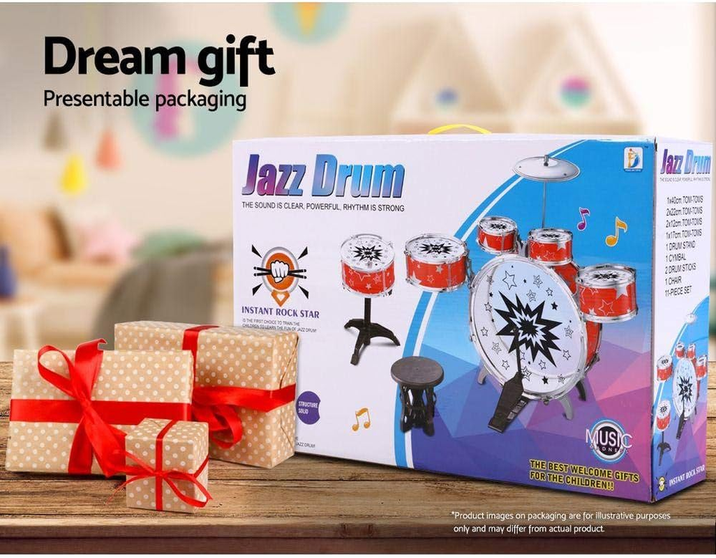 Keezi Kids Drum Set, 11Pcs Toddler Toy Pretend Play Junior Balmy Drums Kit Musical Instruments Educational Children Baby Toys, with Drummer Seat Easy to Assemble Blue image number 5