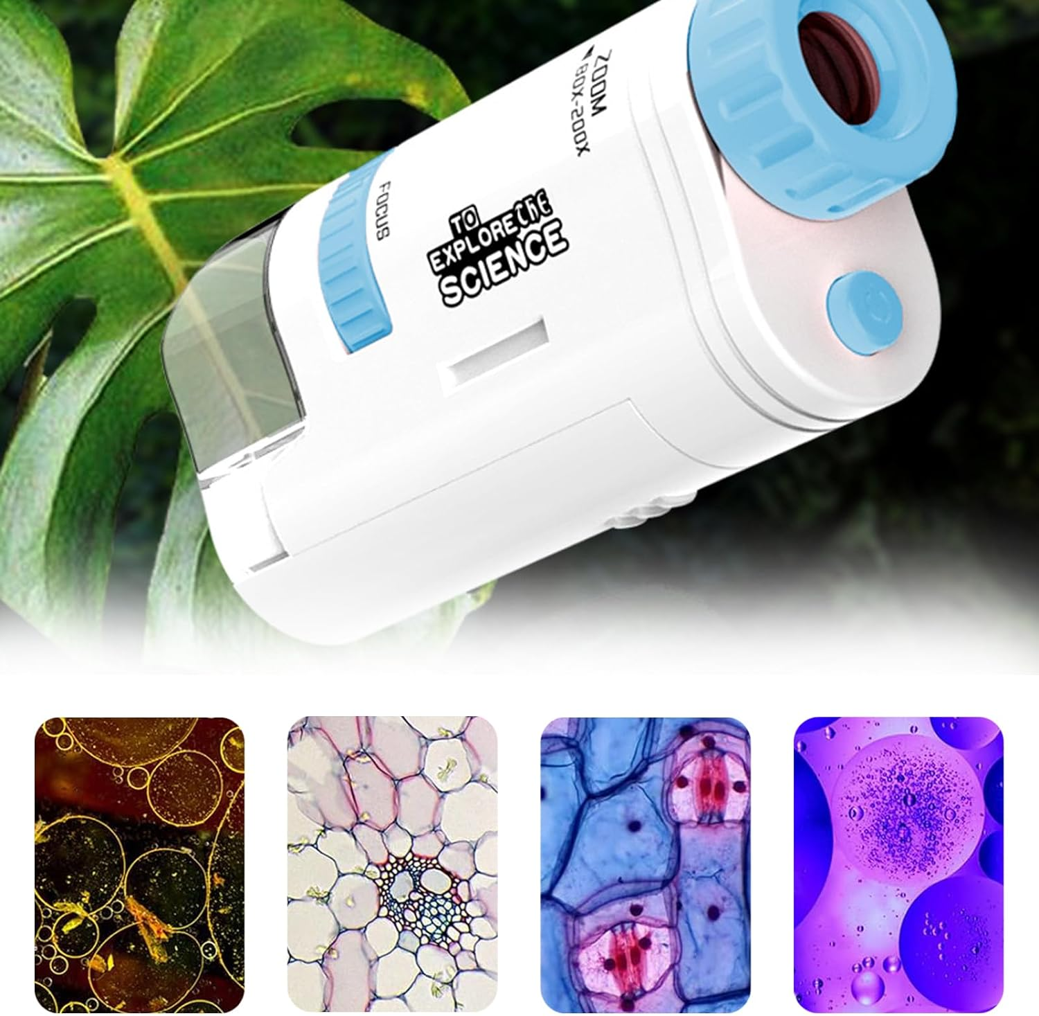 Tehttz 1 Pack Blue 60-200X Zoom Pocket Microscope, Mini Microscope with LED Light High Definition Children Microscope for Kids, Microbiological Observation Preschool Home (Not Battery Included)