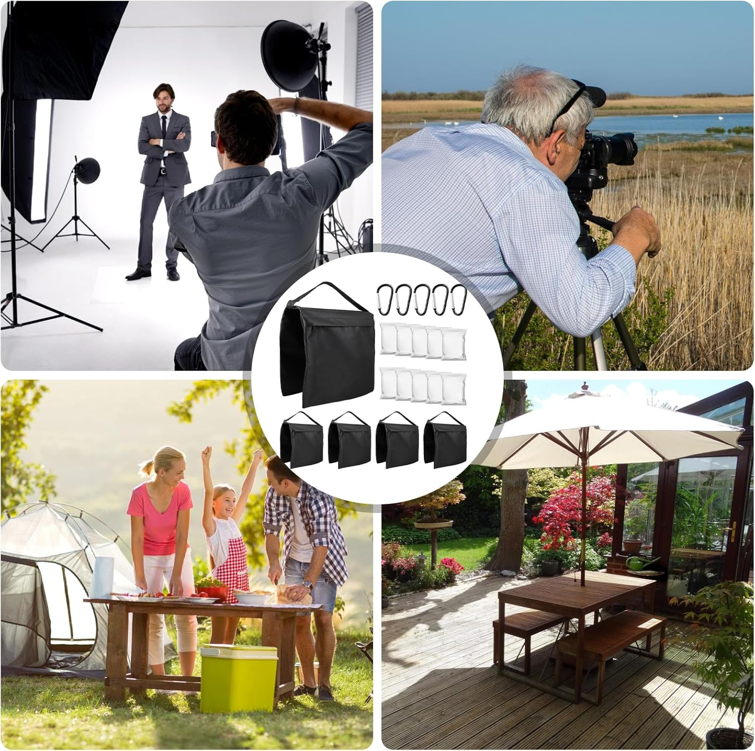 5 Pieces Sandbags for Photography, 27 * 29Cm Sandbag with Carabiner & Ziplock Bags, 600D Oxford Fabric, Max Load Capacity: 10Kg, Empty Sandbag for Photography Lamp Stand, Light Stand Tripod