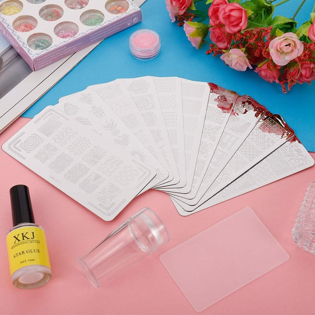 Birdsunshine 10 Pcs Nail Stamping Plates, Flowers, Lace, Geometric Patterns Nail Art Stamping Templates Manicure Tool Kit, with 1 Stamper and 1 Scraper image number 2