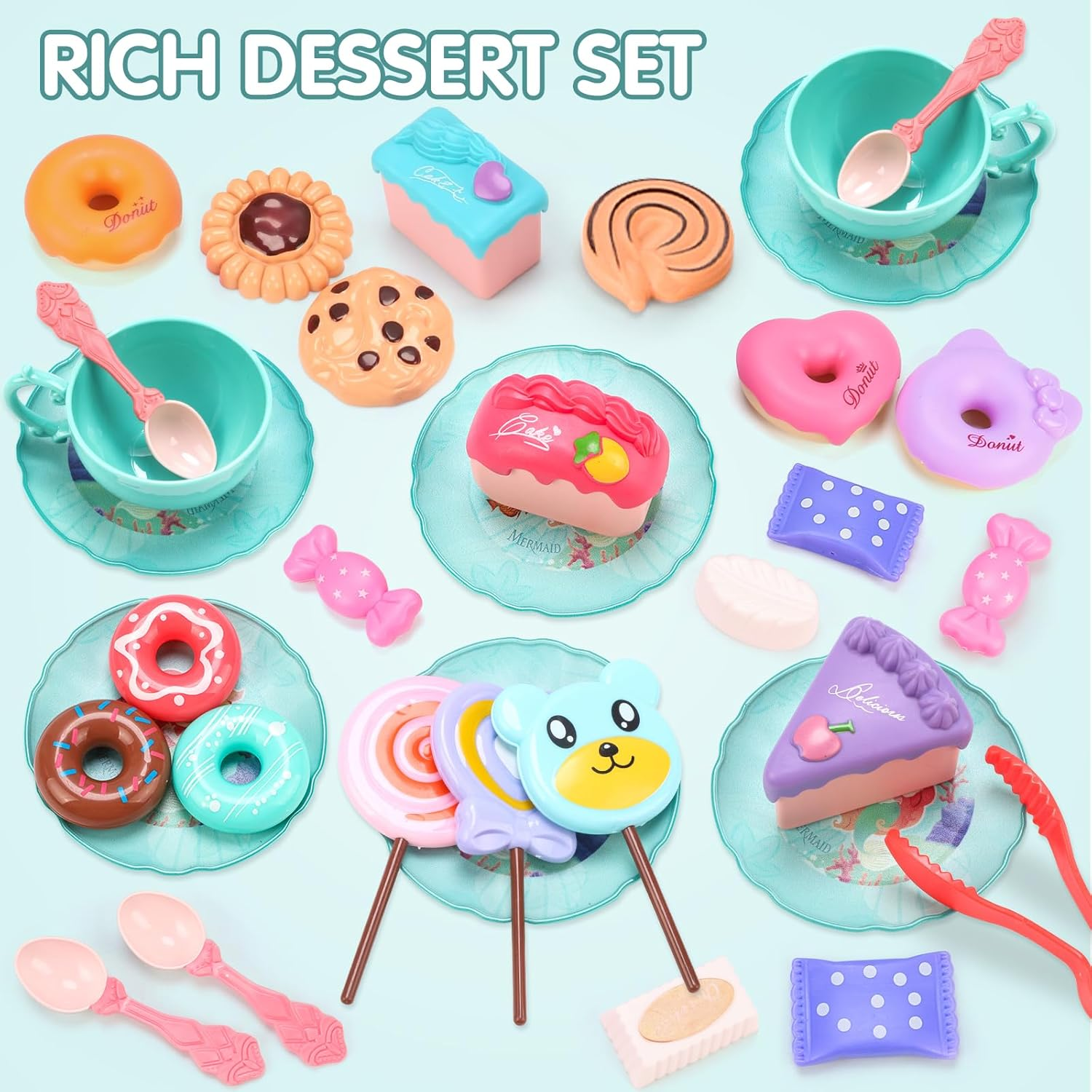 REMOKING 45PCS Mermaid Toys Tea Set for Girls,Birthday Gifts for Age 3+ Year Old Kids,Pretend Teapot,Dessert Playset, Carrying Case for Role Play,Princess Toy for Girls 2-6 Year Old image number 3