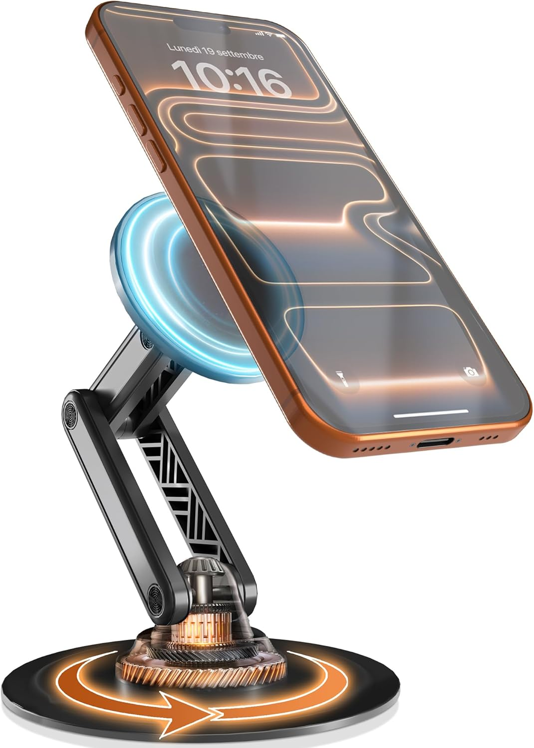 COOPER Mag360, Magnetic Phone Stand for Desk Compatible with Magsafe Phone Holder, 360&deg; Adjustable, Iphone Desk Stand for Iphone 17 Pro Max/16/15/14/13/12, Incl 1 Metal Ring for Other Phones - Black