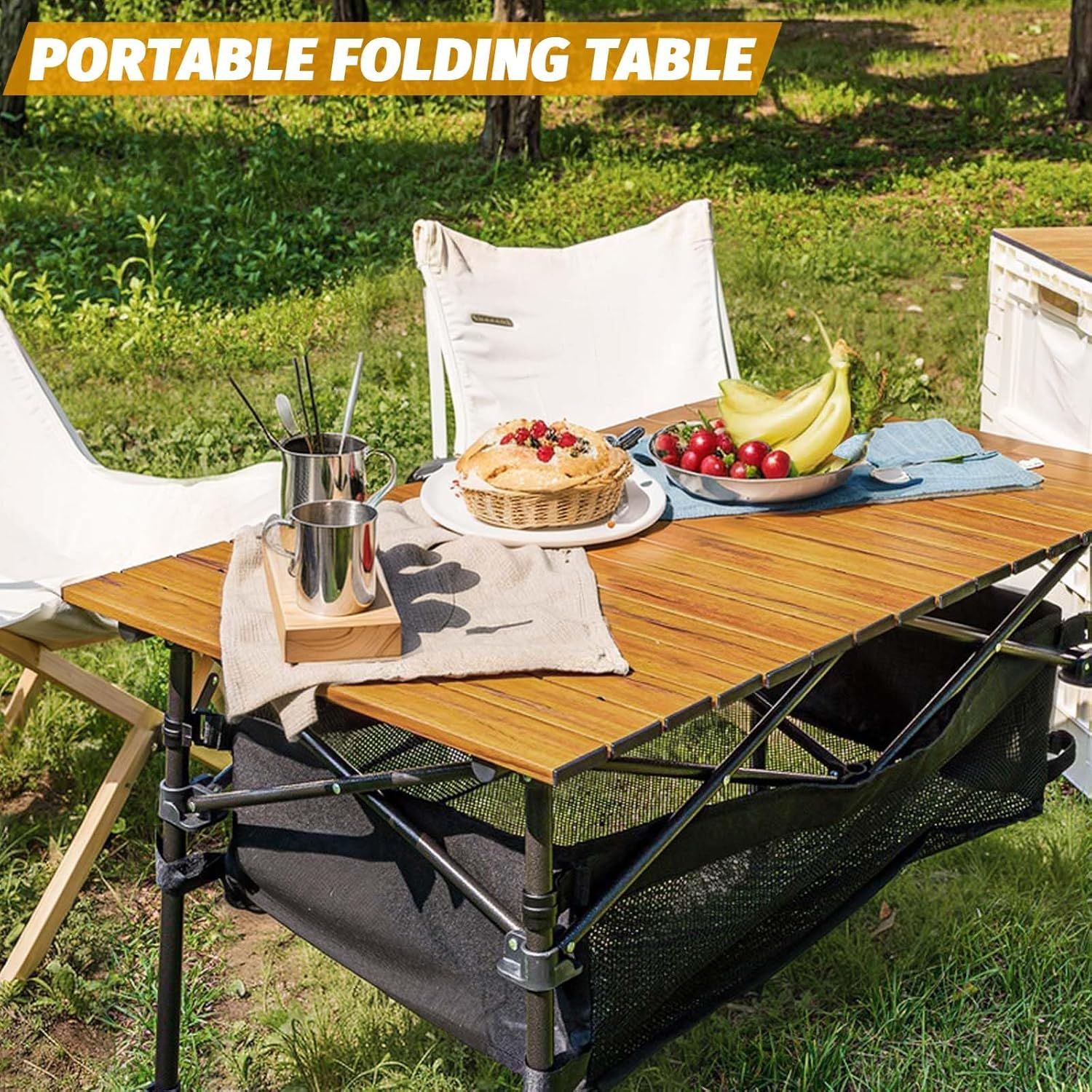 Eqiech Folding Camping Table,Portable Picnic Table,Adjustable Height,Outdoor Egg Roll Table with Storage Basket,Carbon Steel Material,Lightweight,For Hiking,Fishing,Camp,Beach（120 * 55 * 80Cm） image number 4