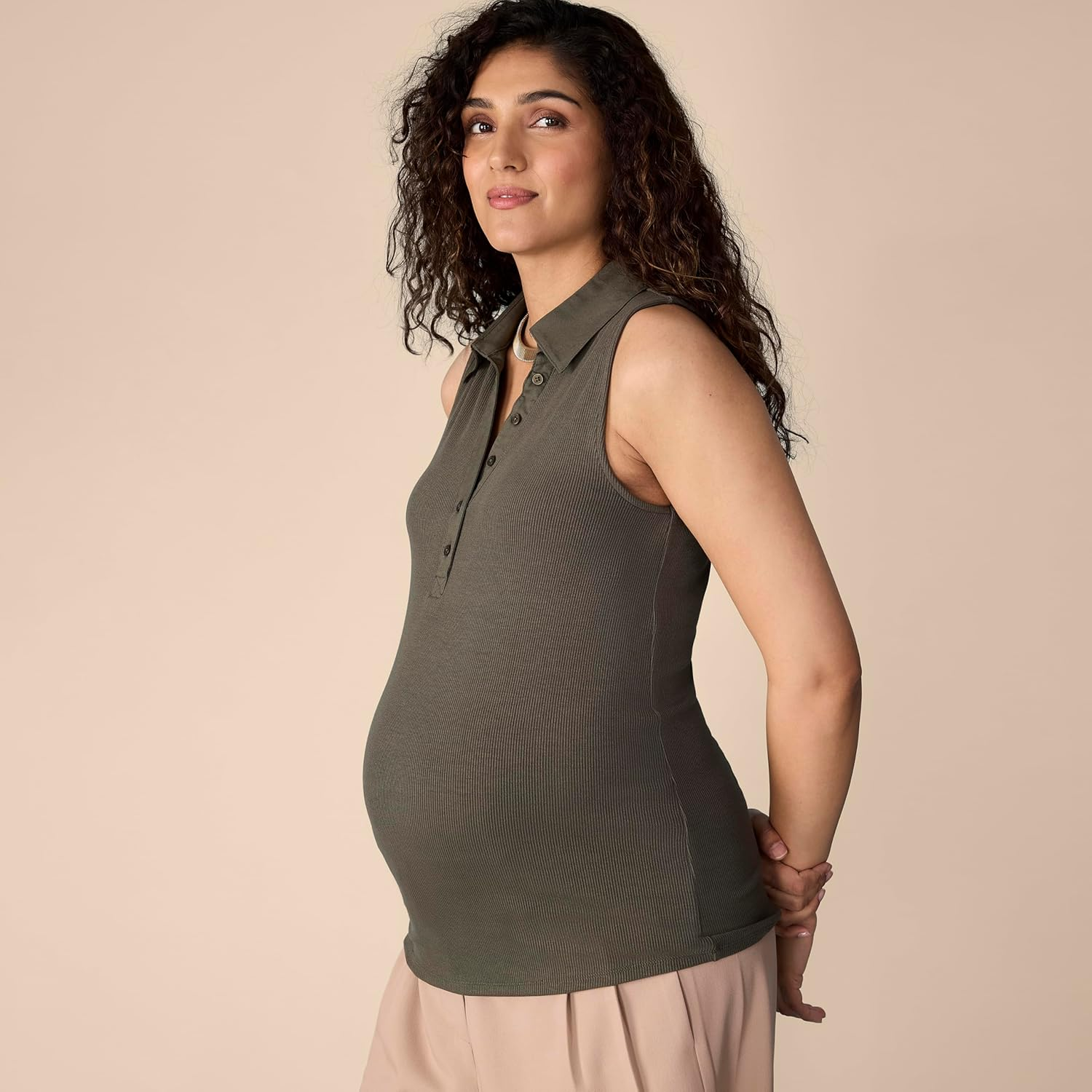 Motherhood Maternity Women'S Sleeveless Rib Knit V-Neck Polo Pregnancy Top image number 4