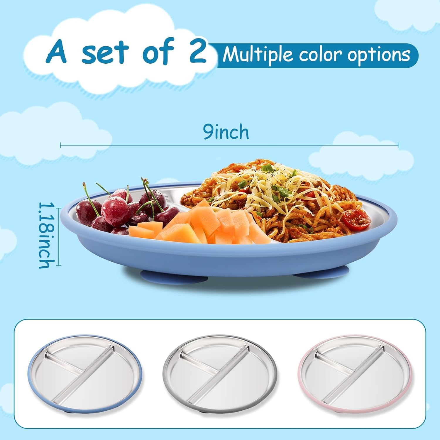 Stainless Steel Baby Plates with Suction,9&rdquo; Divided Plates Silicone Sleeve for Kids,Metal Toddler Plates BPA Free, Children Feeding Unbreakable Dishwasher Safe Set of 2 (Blue and Grey) image number 6