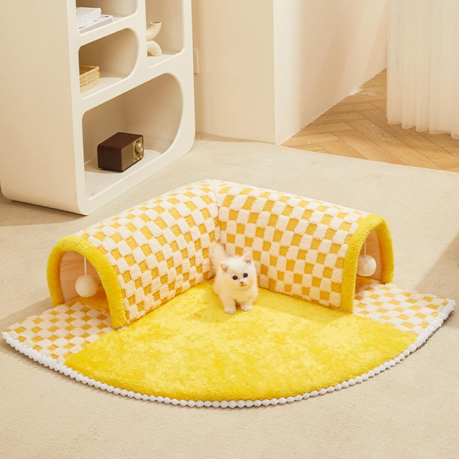 Fluffy Cat Bed with Tunnel | Interactive Pet Cave | Yellow Cat Bed Tunnel, Fluffy Square Tunnel, Cat Tunnel Bed for Indoor Cats, 2 in 1 Foldable Indoor Soft round Cat Tunnel Bed image number 4