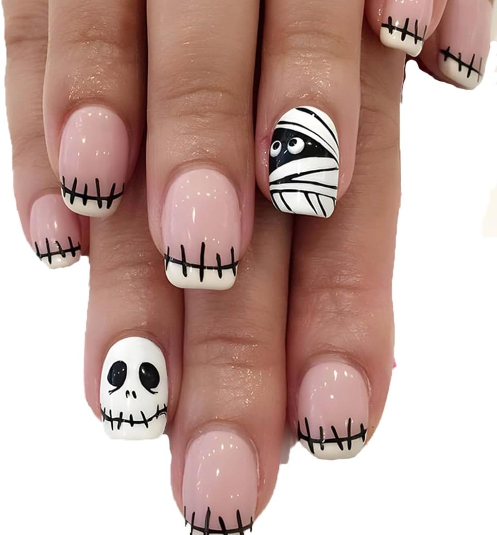 Resweky Halloween Square Skeleton Ghost Demon Nails False Pink Nude French Short False Nails Full Cover Acrylic Nails for Women and Girls (Pink 2, L) image number 1
