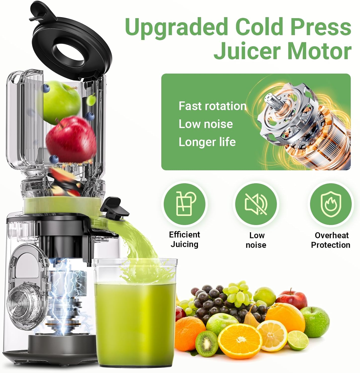 AMZCHEF Cold Press Slow Juicer with 1.5L and 110Mm Feeding Chute for Whole Fruits and Vegetables, Masticating Juicer Machine with High Juice Yield and Reverse Function, Easy to Clean, Bpa-Free image number 2