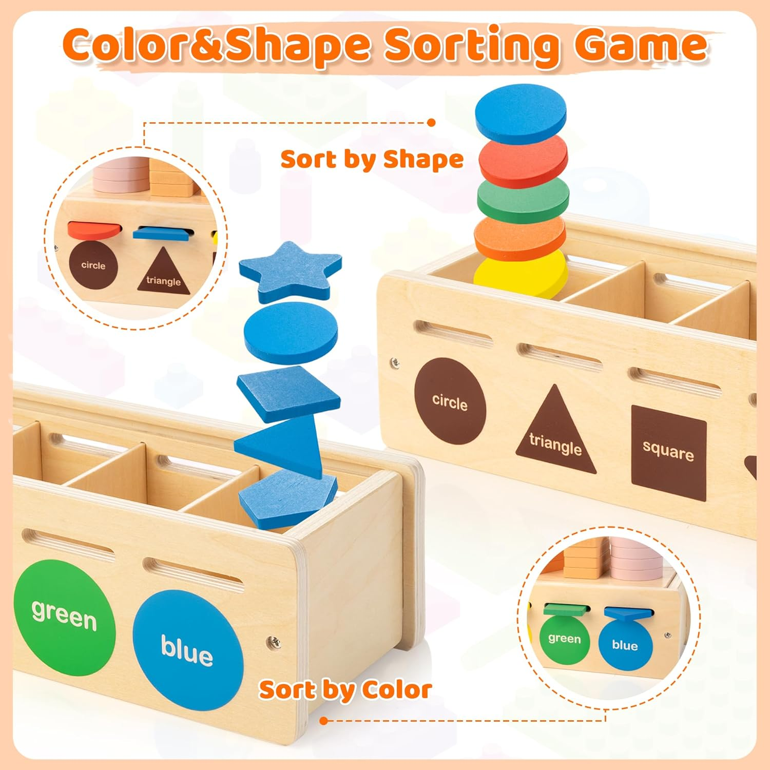 Montessori Toys for 1 2 3 Years Old,Color & Shape Sorting Matching Toy for 1 Year Old Boys and Girls Wooden Sorting and Stacking Toys for Toddlers 1-3,Educational Toys for 2+ Year Old image number 2