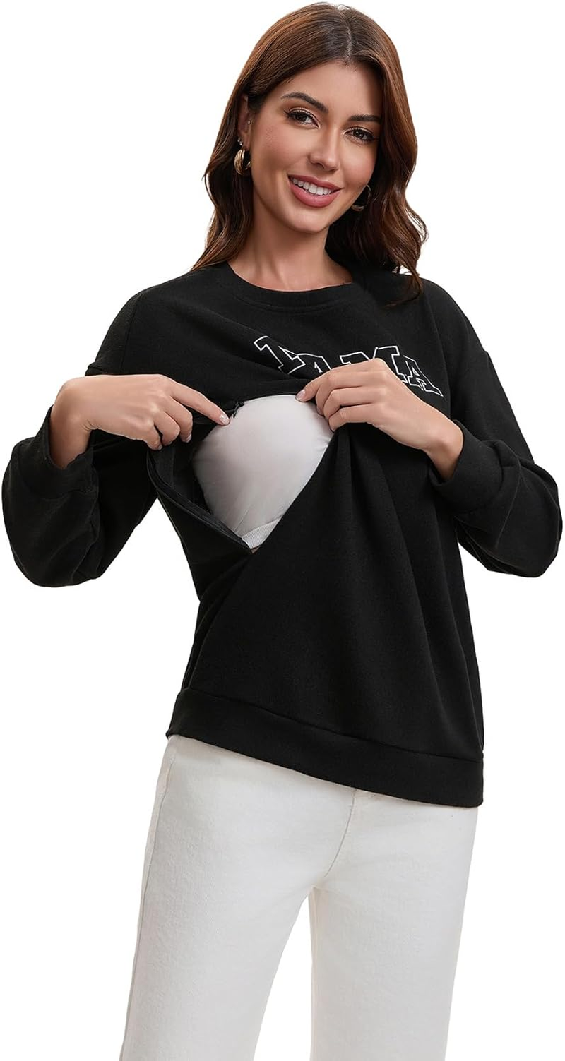 TAIUICY Women Waffle Knit Mama with Zippers Breastfeeding Sweatshirt Mama Embroidered Zip Nursing Pullover Tops image number 2