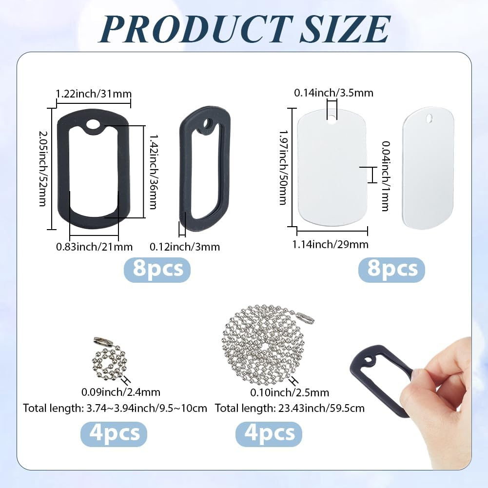SOFPLATE 8 Set (24 Pieces) Black Military Dog Tags with Rubber Damper Aluminium Pet Tags (Blank) with Ball Chain and Silicone Case for Noise Reduction and Protection of the Dog Brand ID SCH image number 4