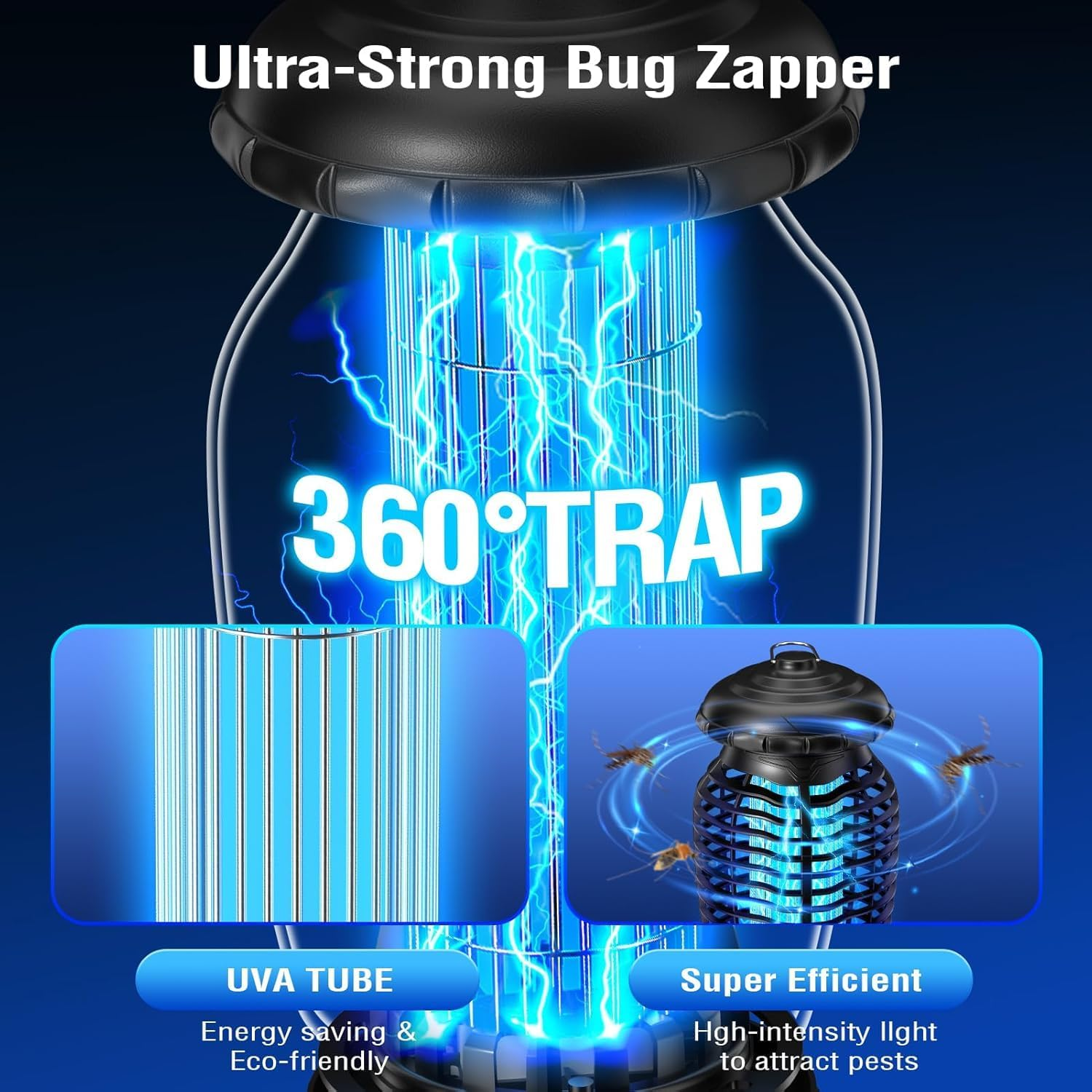 Bug Zapper Outdoor Electronic Mosquito Zapper,Ip67 Waterproof, 4200V 20W Mosquito Killer Lamp Electric Hangable Fly Killer Light Fly Insect Trap Killer for Home, Patio, Backyard, Camping image number 5