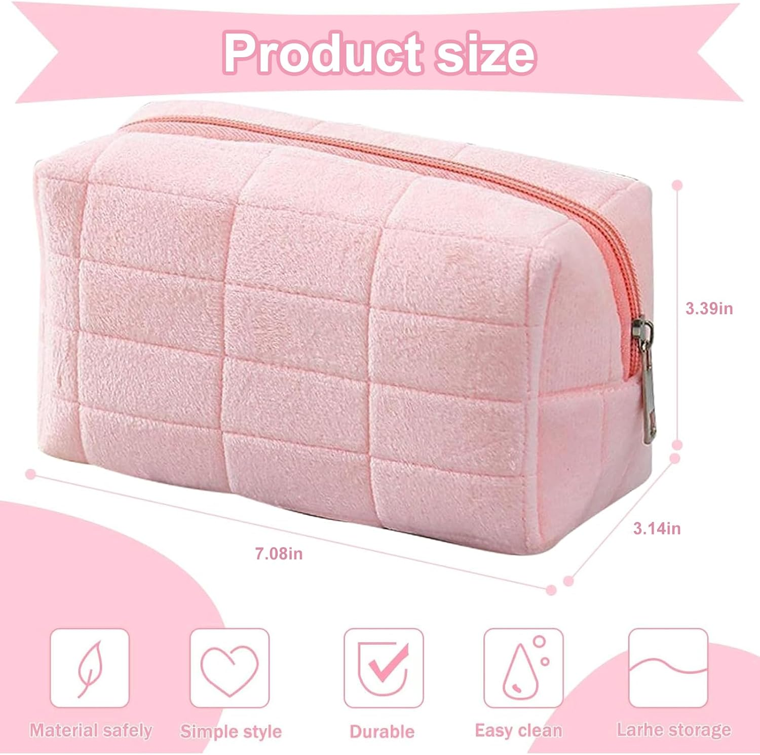 2 Pack Mini Makeup Bag for Travel - Soft Plush Cosmetic Pouch, Cute Toiletry Organizer for Women & Girls, Portable Makeup Storage（Pink+White） image number 3