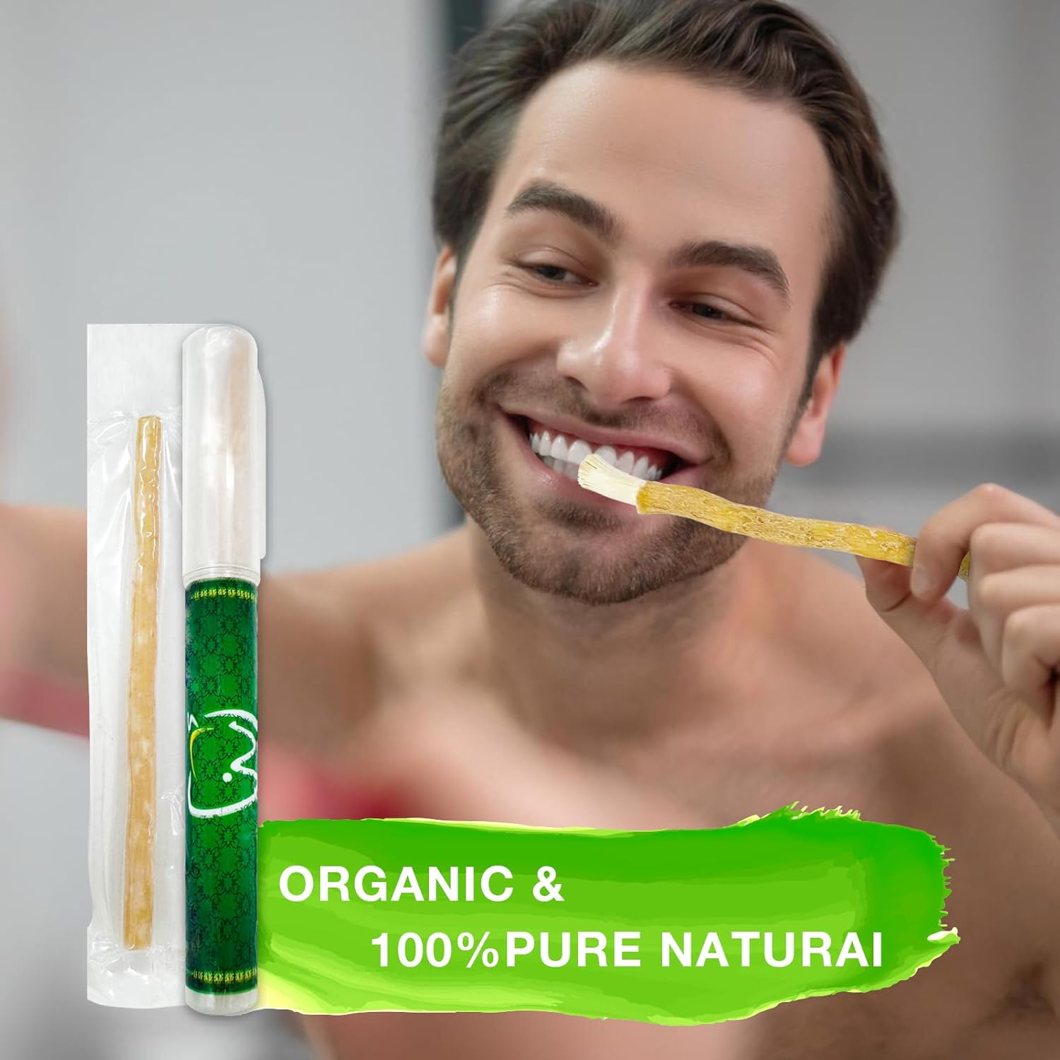 6 Units Vaccum Packed with Holder Oral Hygiene Organic Natural Toothbrush Miswak with Holder(Holder Wiht Natural Toothbrush,Green) image number 1