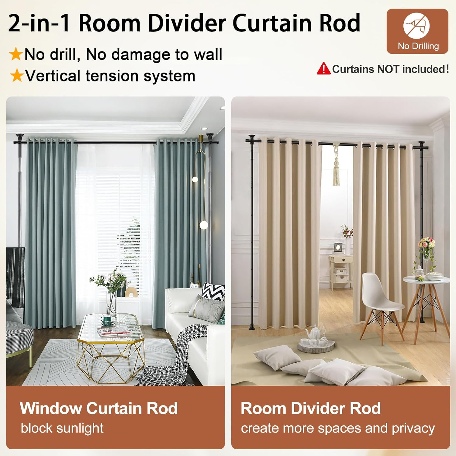 HORSE SECRET Room Divider Curtain Rod, Vertical Tension 28-70Inch(W) 4-10Ft (H) Adjustable Heavy Duty Floor to Ceiling Self Stand - Anywhere Freestanding Damaging Free for Space Partition Matt Black