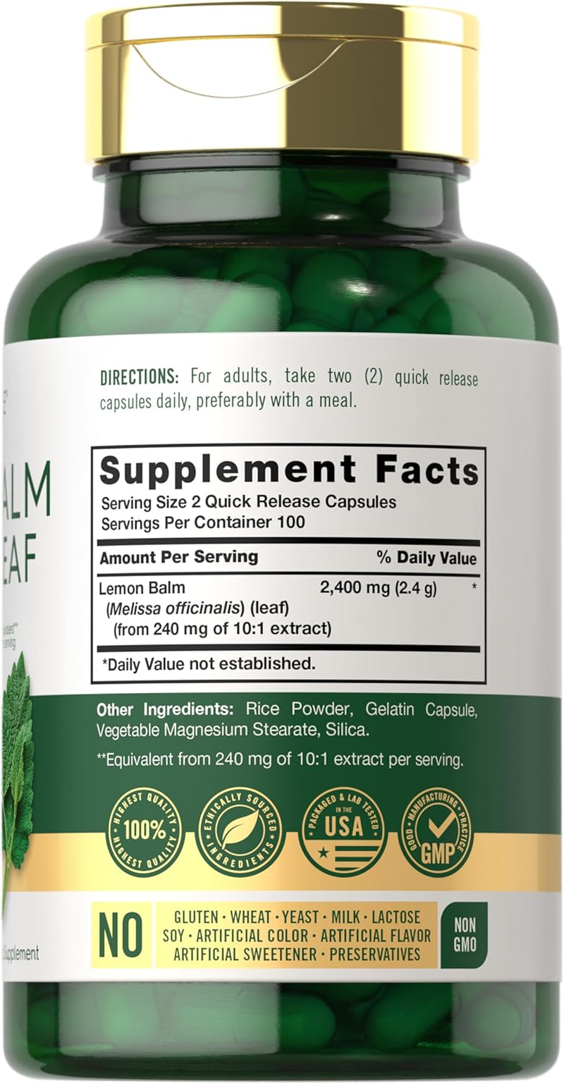 Lemon Balm | 2400Mg| 200 Capsules | Non-Gmo and Gluten Free Formula | Melissa Leaf Traditional Herbal Supplement | by Carlyle image number 5