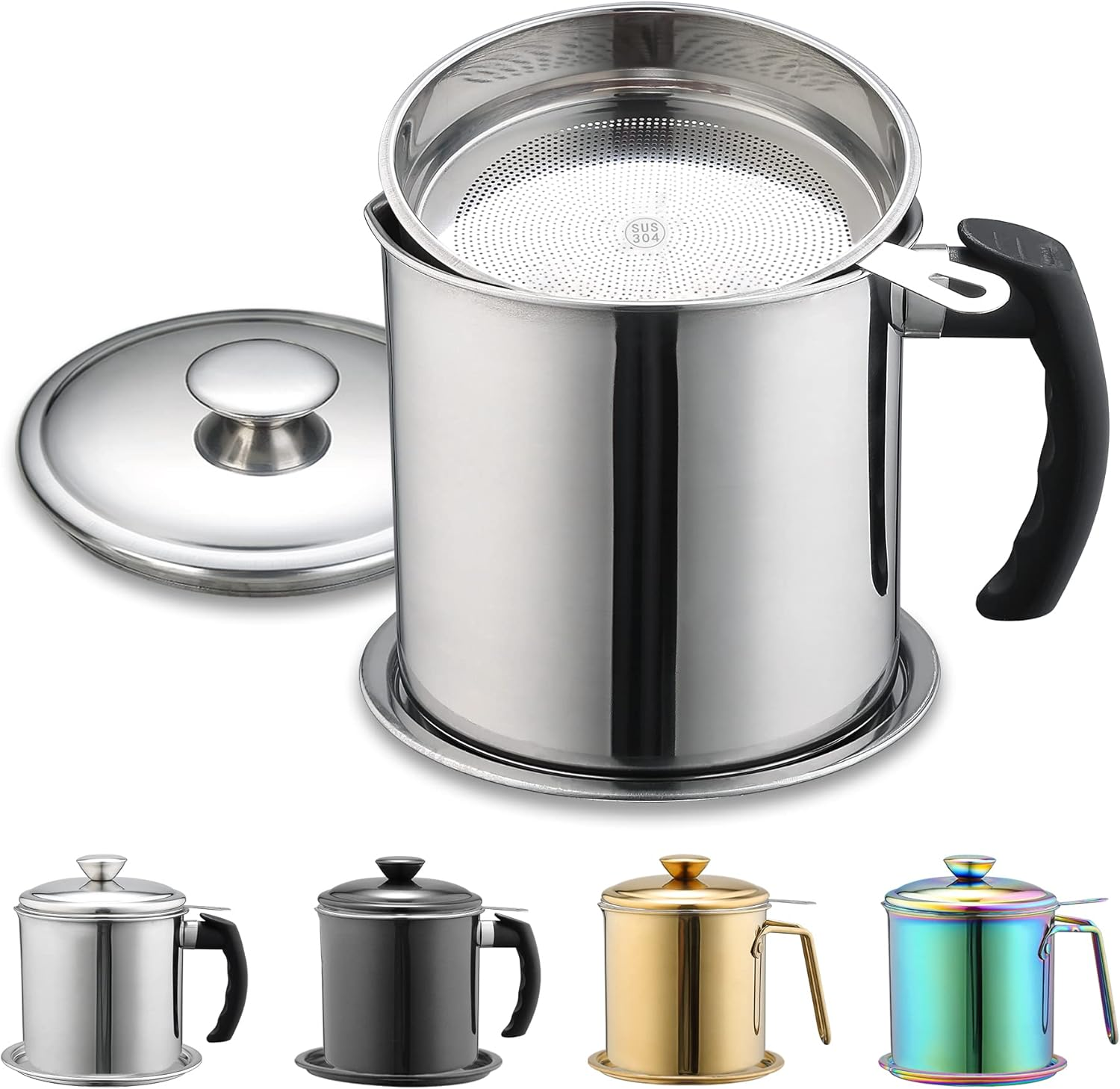 Bacon Grease Container with Filter, 47 Oz / 1.4 L, Stainless Steel Oil Storage Container with Fine Mesh Filter, Dustproof for Storing Frying Oil and Food Fat, Cookware Accessories