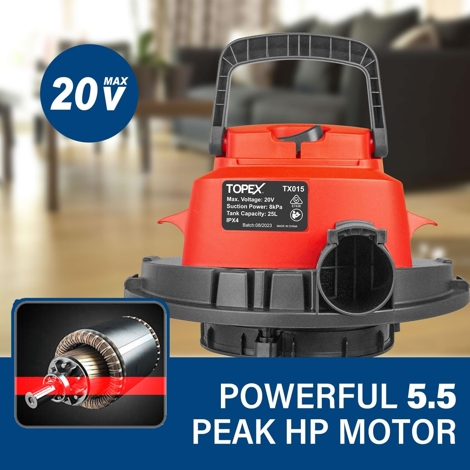 TOPEX 25L Cordless Wet & Dry Vacuum Cleaner Battery Powered Multi-Purpose Removable Universal Wheel with HEPA Filter Cartridge for Car, Garage, Workshop, Home with 20V 4.0Ah Battery and Fast Charger image number 2