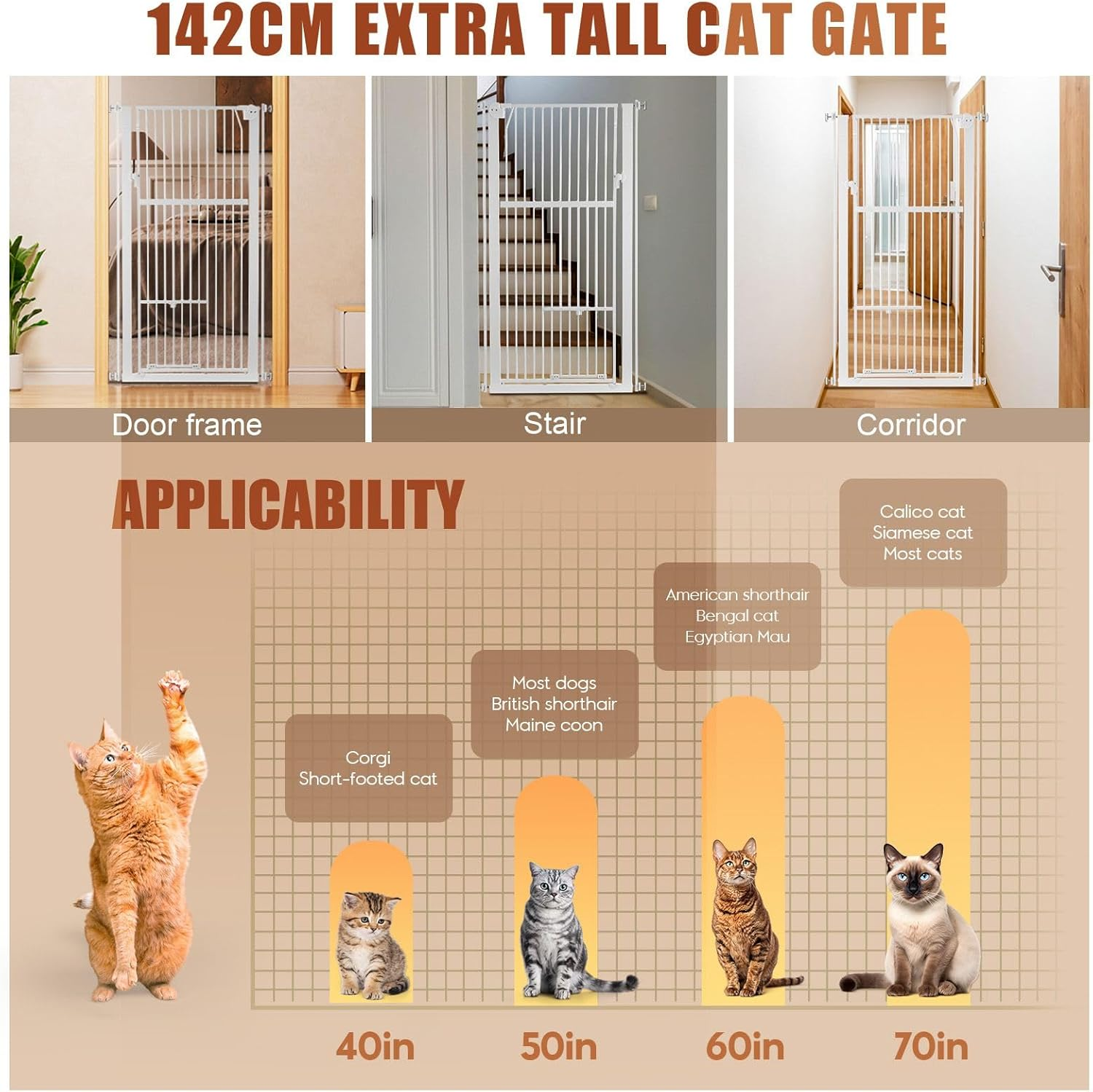 Pet Scene Safety Gate for Pet Dog Cat Security 142Cm Extra Tall Retractable Pet Fence Enclosure Guard Kitchen Doorway Stairs Barrier with Walk through Door image number 5