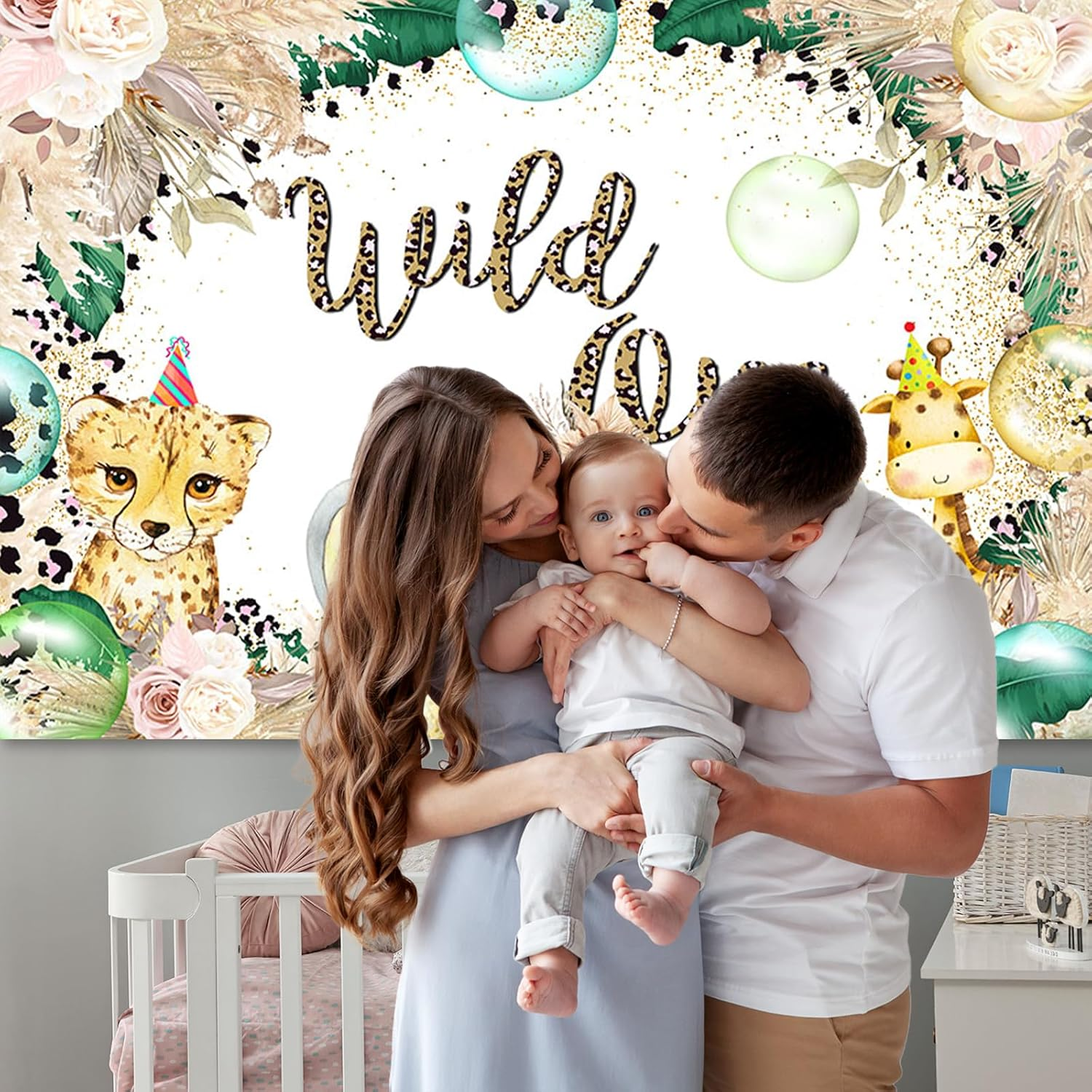 APROPHIC Wild One Background Jungle Wildlife First Year Birthday Background Wild Animals Birthday Banner Background Pampas Grass Cake Table Decoration 210 X 150 Cm image number 2