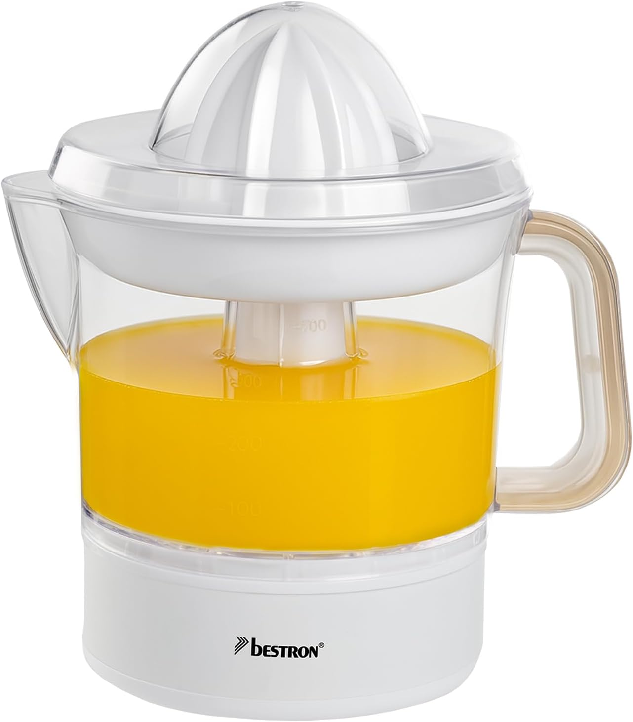 Bestron Electric Citrus and Orange Press, Including 2 Press Cones and Aroma Lid, Motor with Two Directions of Rotation (Left/Right), Capacity: 0.7 Litres, 40 Watts, Colour: Copper