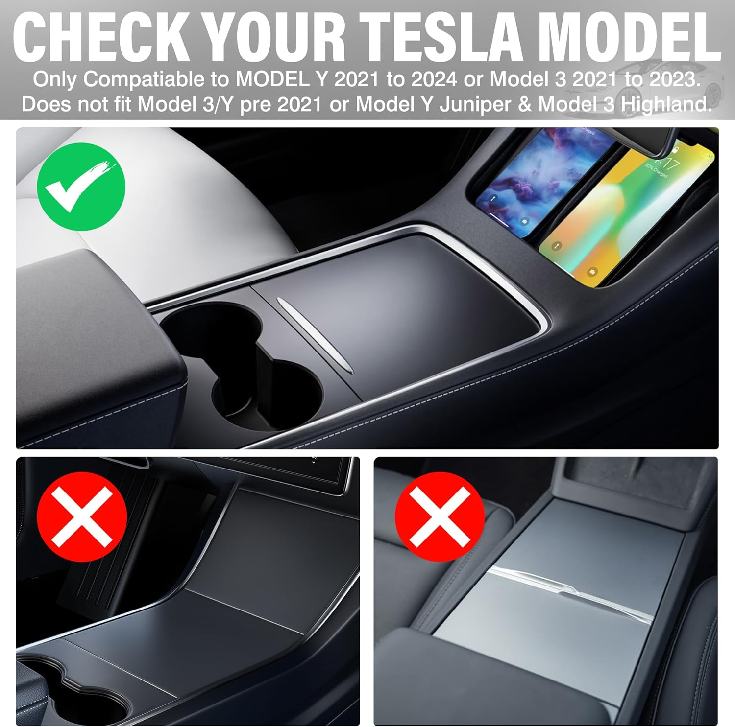 (3 PCS) Center Console Organizer Tray Designed for Latest 2023 2022 2021 Tesla Model 3 Y Accessories, Flocked Front Rear Storage Box with Silicone Cup Holder Insert image number 6