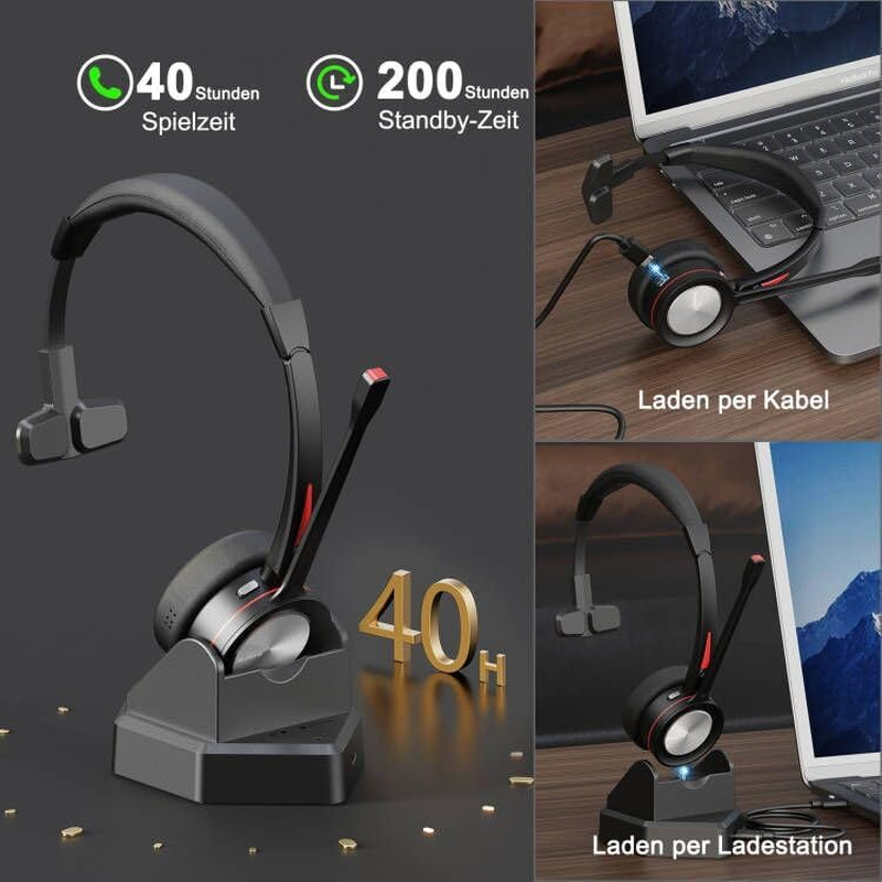 Beebang Bluetooth Headset with Microphone for PC, Wireless Headset with USB Adapter & Charging Station, 40 Hours Talk Time, Mono Wireless Headset for Work, Laptop, Mobile Phone, Microsoft Teams Skype
