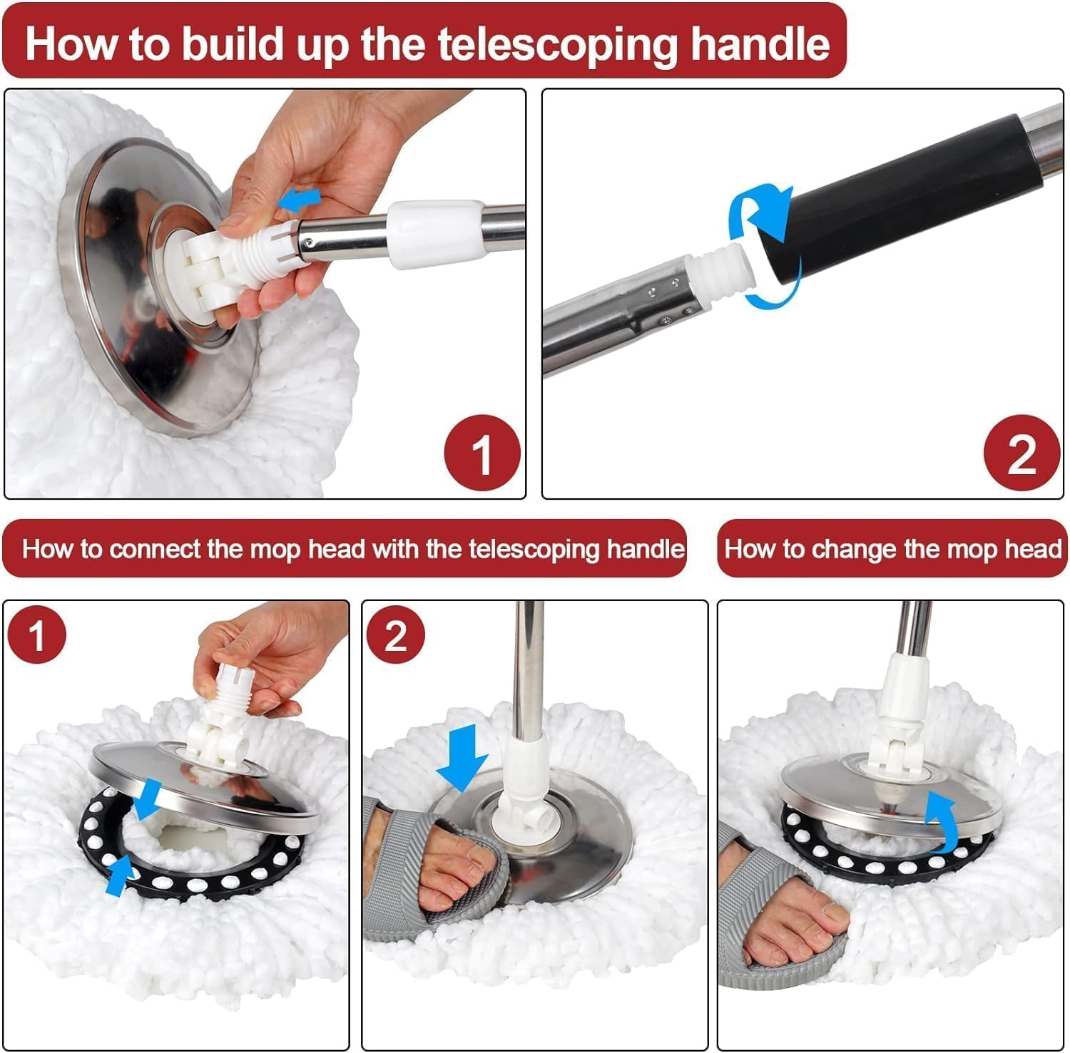 Mop and Bucket with Wringer Set, 360&deg; Spinning Mop Bucket System with 5 Microfiber Mop Replacement Heads and Stainless Steel Adjustable Handle for Floor Cleaning,Black image number 5