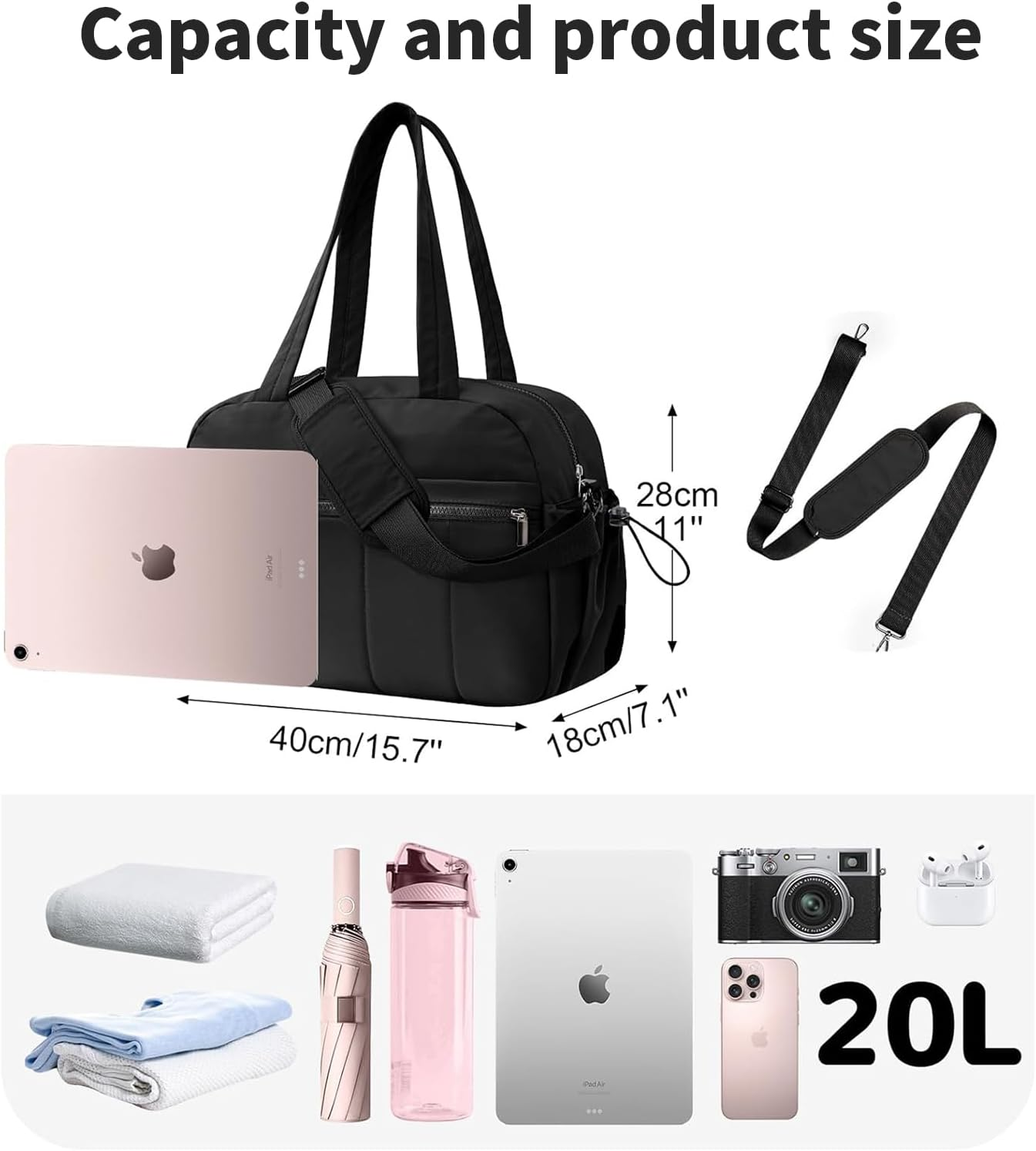 Rhoyee Gym Bag, 20L Travel Duffel Carry-On with Wet Pocket & Shoe Compartment, Lightweight Water-Resistant Weekender Tote for Sports, Work, Yoga, Hospital, and Overnight Trips &ndash; Black image number 5