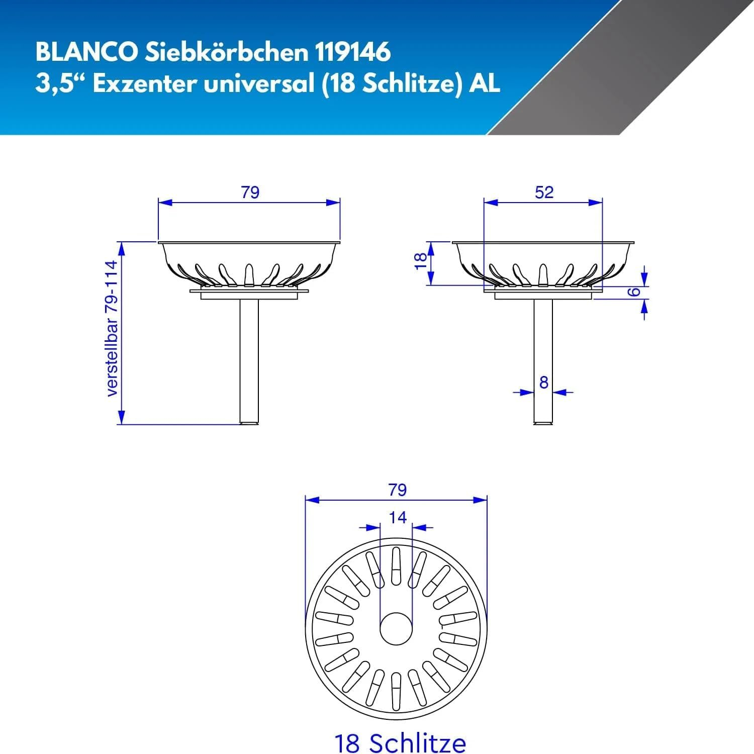 BLANCO 119146 Strainer Basket 7.9 Cm | 3.5 Inches | with Spigot for Eccentric Operation | 18 Drain Slots | Original Replacement Part | Stainless Steel image number 2
