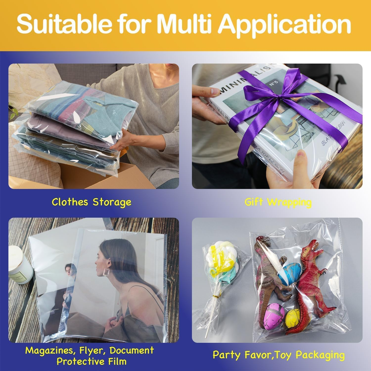 100PCS Thick Clear Plastic Cellophane T-Shirt Packaging Bags with Clothing Size Stickers, Tee Shirt Packing Wrapping Clothes Bags, Resealable Self Seal Adhesive Apparel Bags (10.6X 14.5 Inch) image number 5