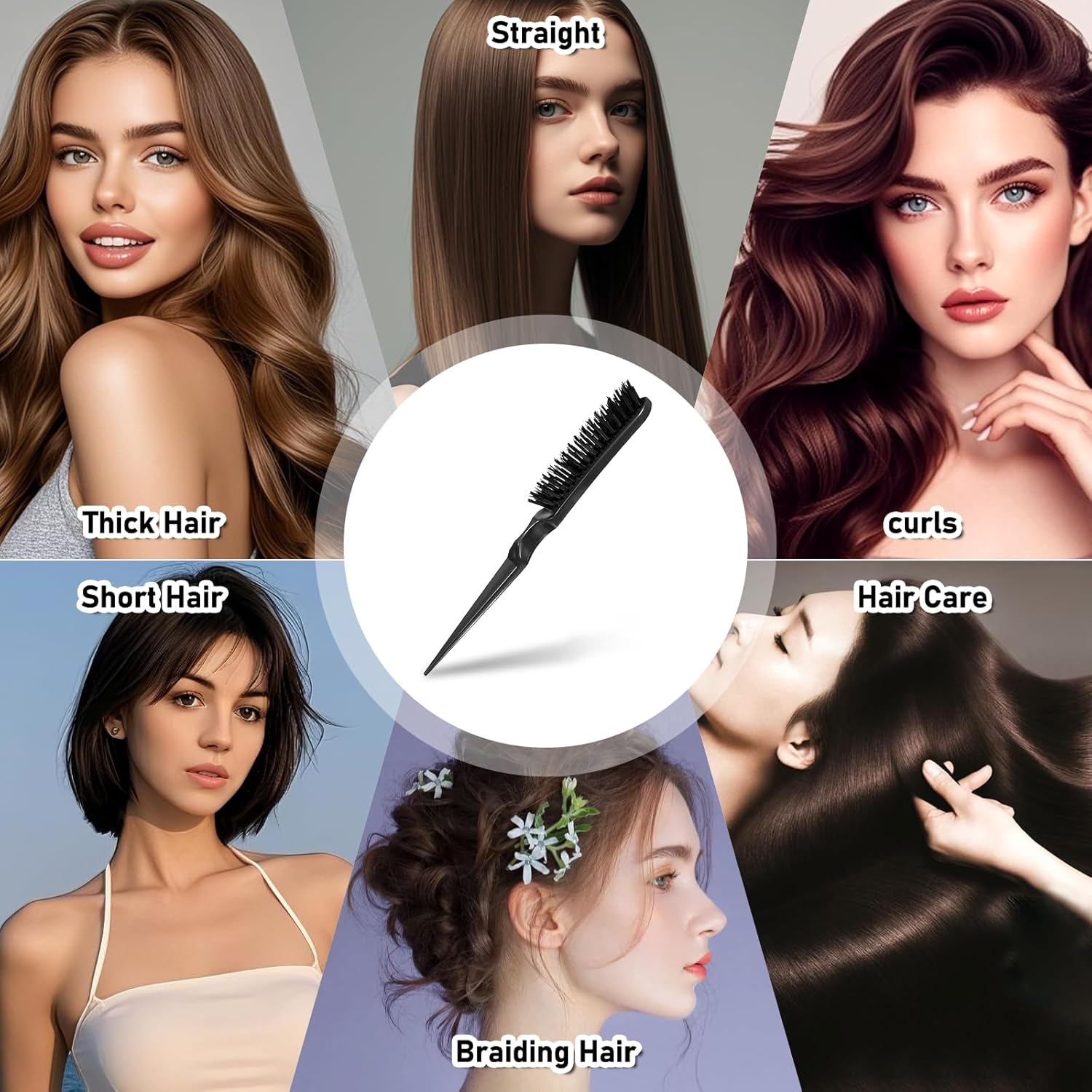 Teasing Boar Bristle Hair Brush for Women, Black Teasing Hair Brush Nylon Bristles Salon Styling Edge Boar Bristle Teasings-Brushs for Fine Comb Hair-Brushs for Edge Control Backcombing image number 5