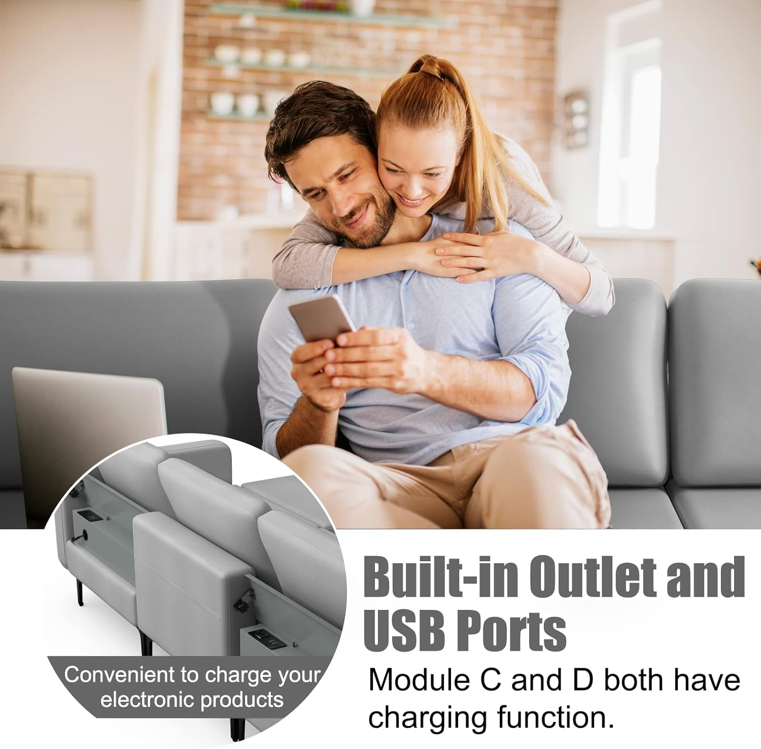 Costway Modular L-Shaped Sofa with Chaise, Sectional Sofa Couch with Reversible Ottoman, Armrest Organizer, Built-In Socket & USB Ports, Storage Space, Convertible Sectional Couch for Living Room image number 2