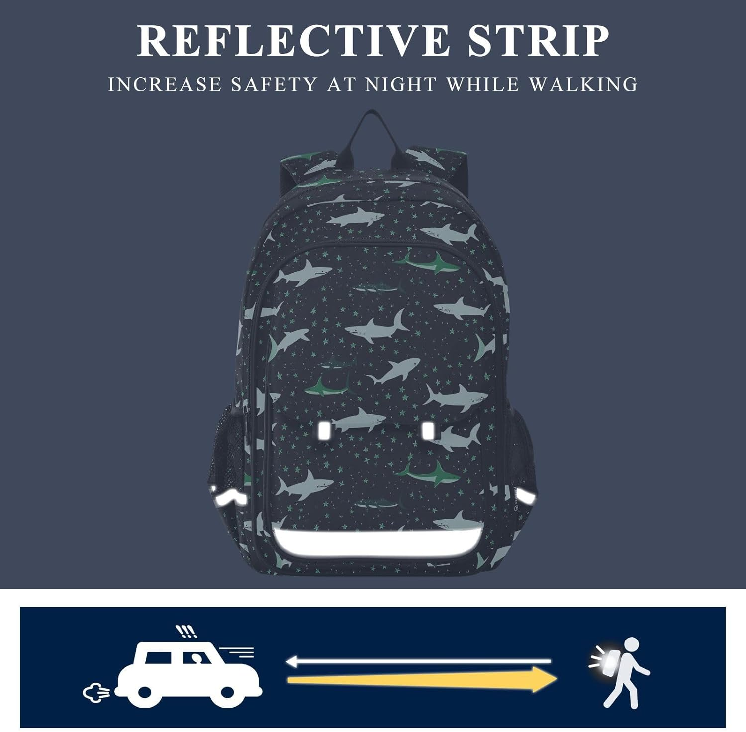 AIXIWAWA Green Sharks Kid'S Travel Backpacks for Boys Girls，Large Capacity Student School Bag with Breathable Mesh Reflective Strip for Age 6 Above, Multicolor image number 3