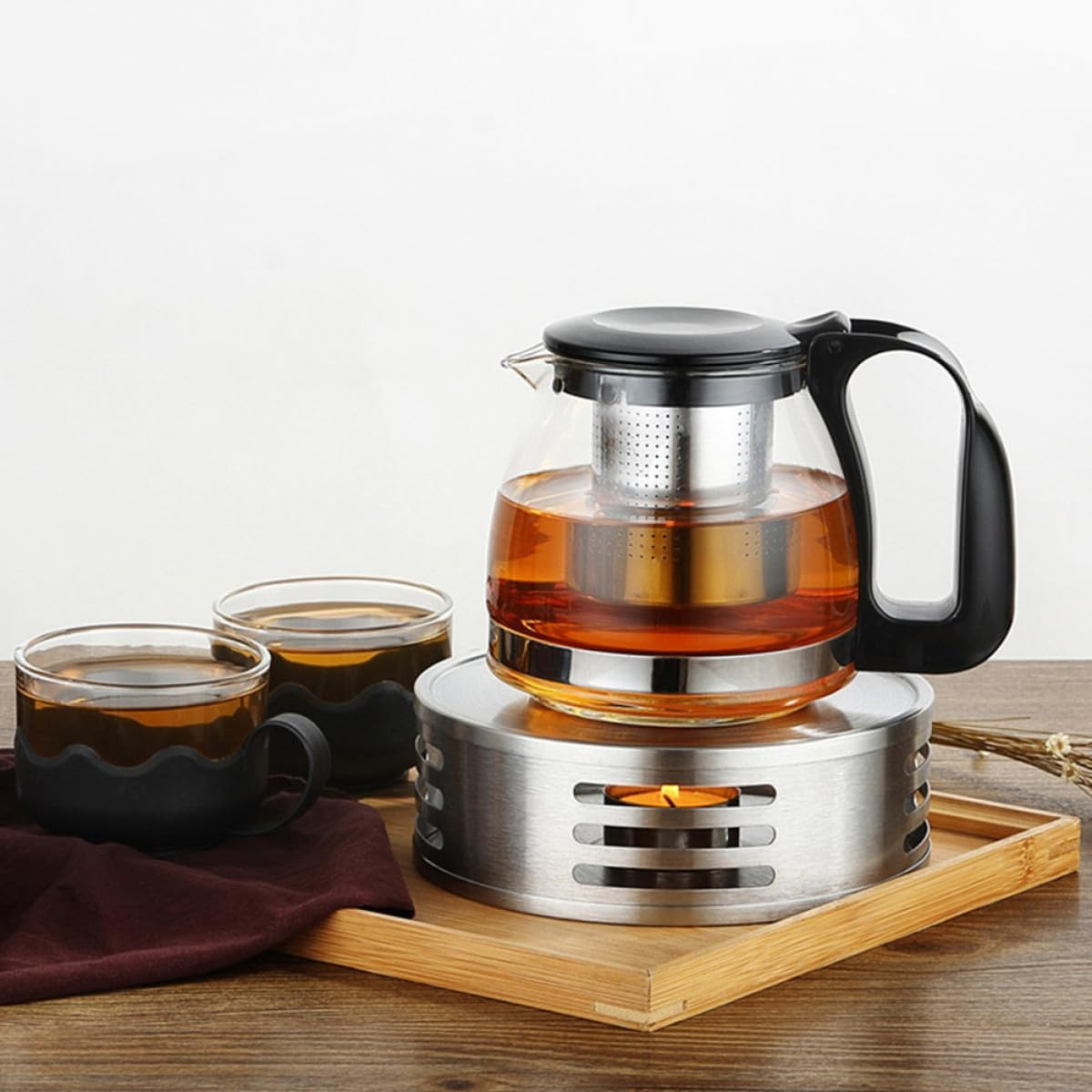 Hoement Stainless Steel Teapot Warmer with Glass Candle Warmer Base, Household Metal Tea Stove for Coffee and Tea Pots, Heat Preservation Accessory for Home and Office Use