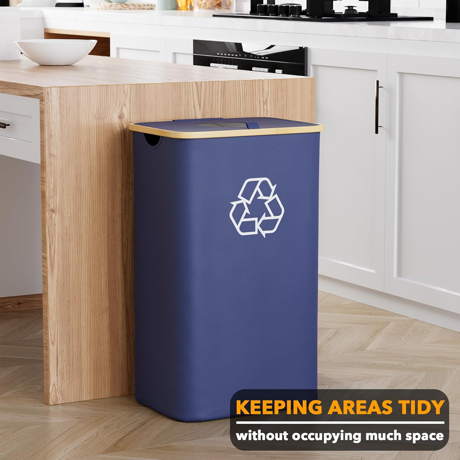 Spaceaid Recycling Bin for Kitchen 26 Gallon, 100L Recycle Bin with Lid and 2 Reusable Inner Bags, for Bottle Can Glass Plastic Stickers, Blue