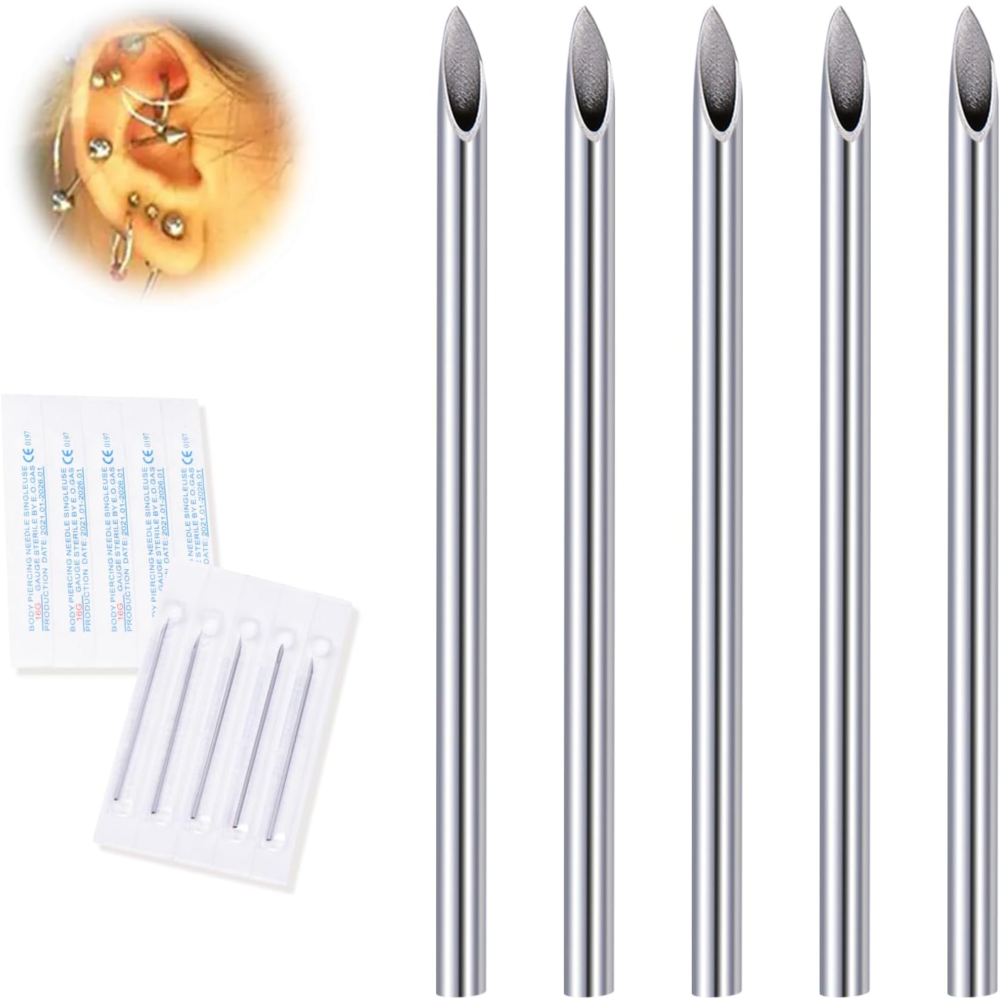 16G Body Piercing Needles,10Pcs DJCIW Sterile Disposable Stainless Steel Needles for Ear, Nose, Navel, Nipple, Lip -Ultra Sharp