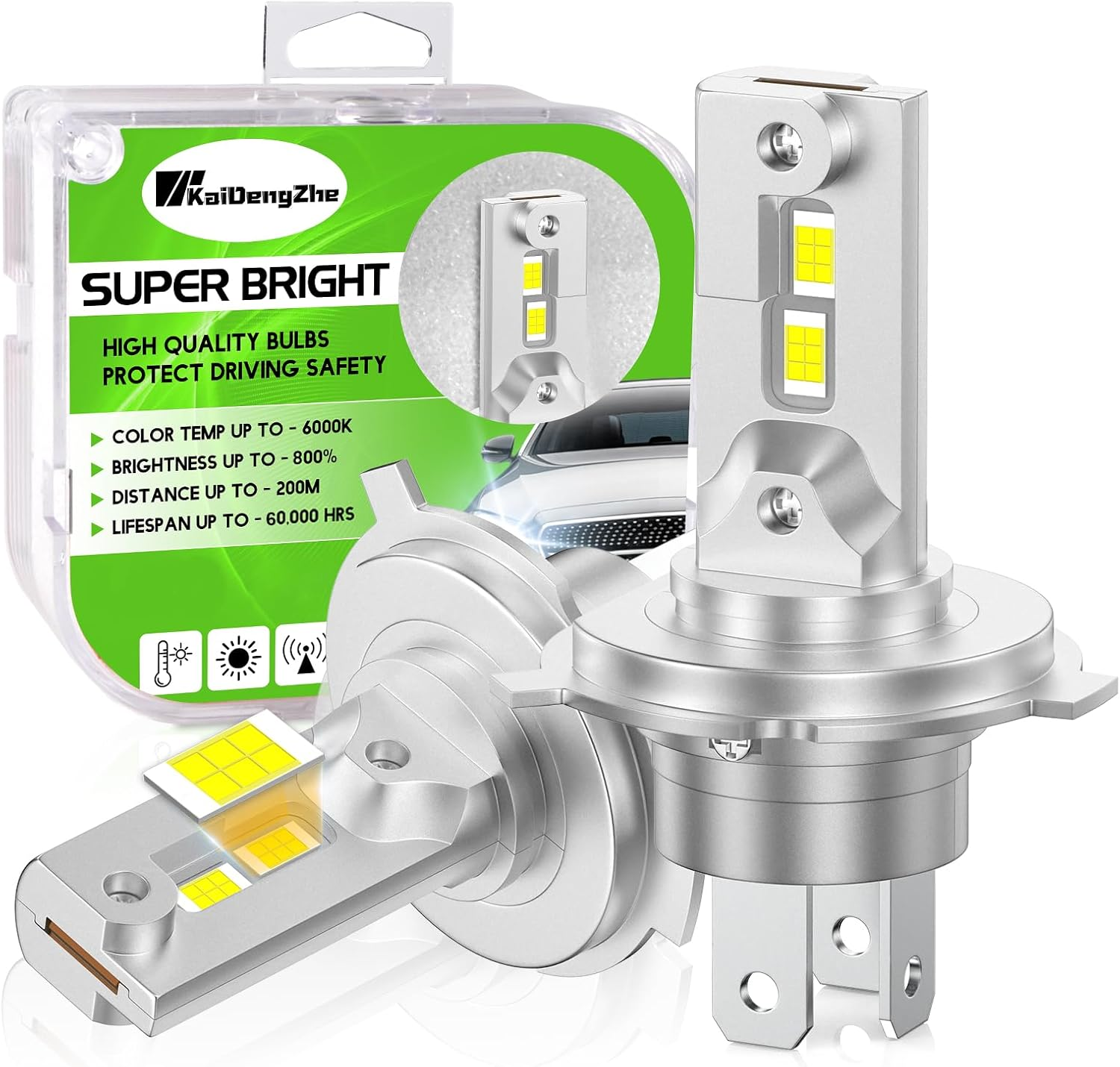 Kaidengzhe H4 LED Bulb 6000LM HB2 Bulb 60W 6000K 1:1 Mini Size Car 9003 Led Headlight Conversion Kit IP68 Fog Light Bulbs Plug & Play for High Low Beam Halogen Replacement, Pack of 2 image number 5