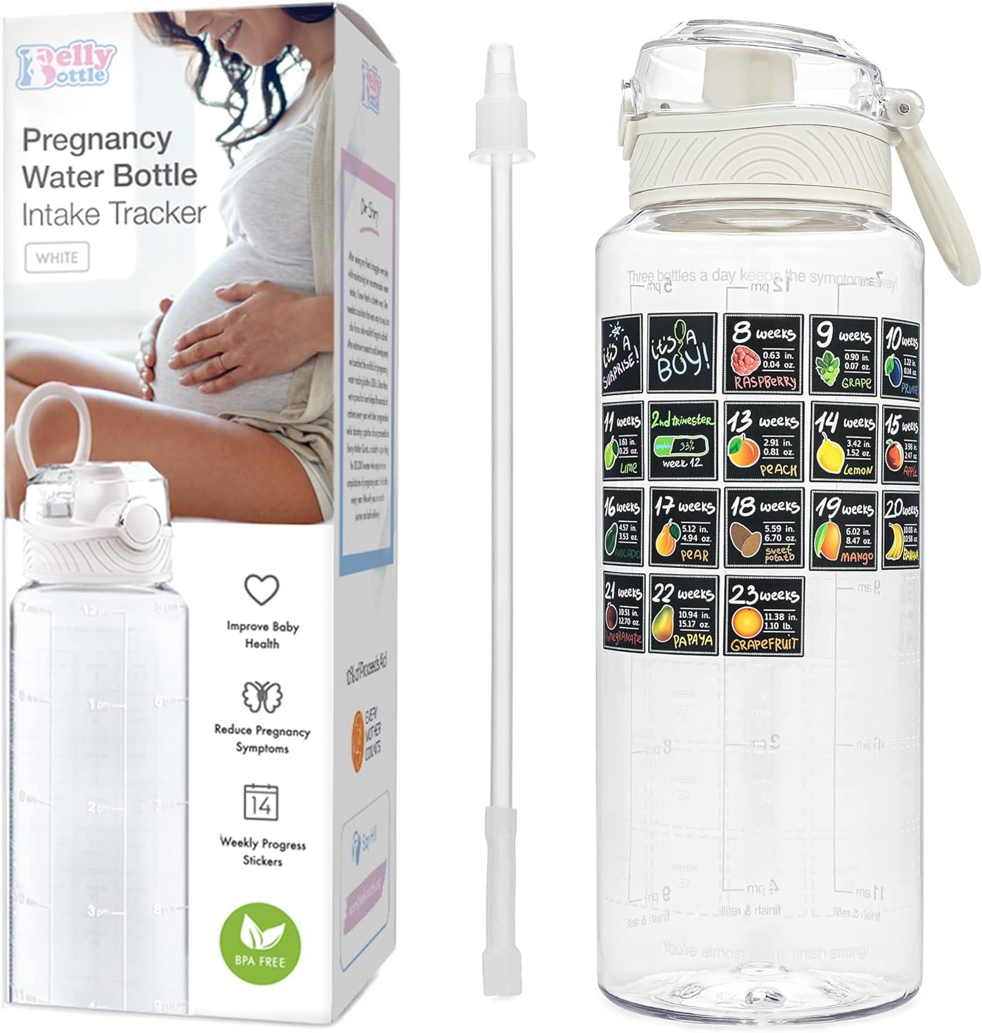 Bellybottle Pregnancy Water Bottle Tracker &ndash; Pregnancy Must Haves First Trimester &ndash; Pregnancy Gifts for Expecting Mom &ndash; Pregnancy Essentials Nausea Relief &ndash; Weekly Stickers + Straw + BPA Free &ndash; Tidye