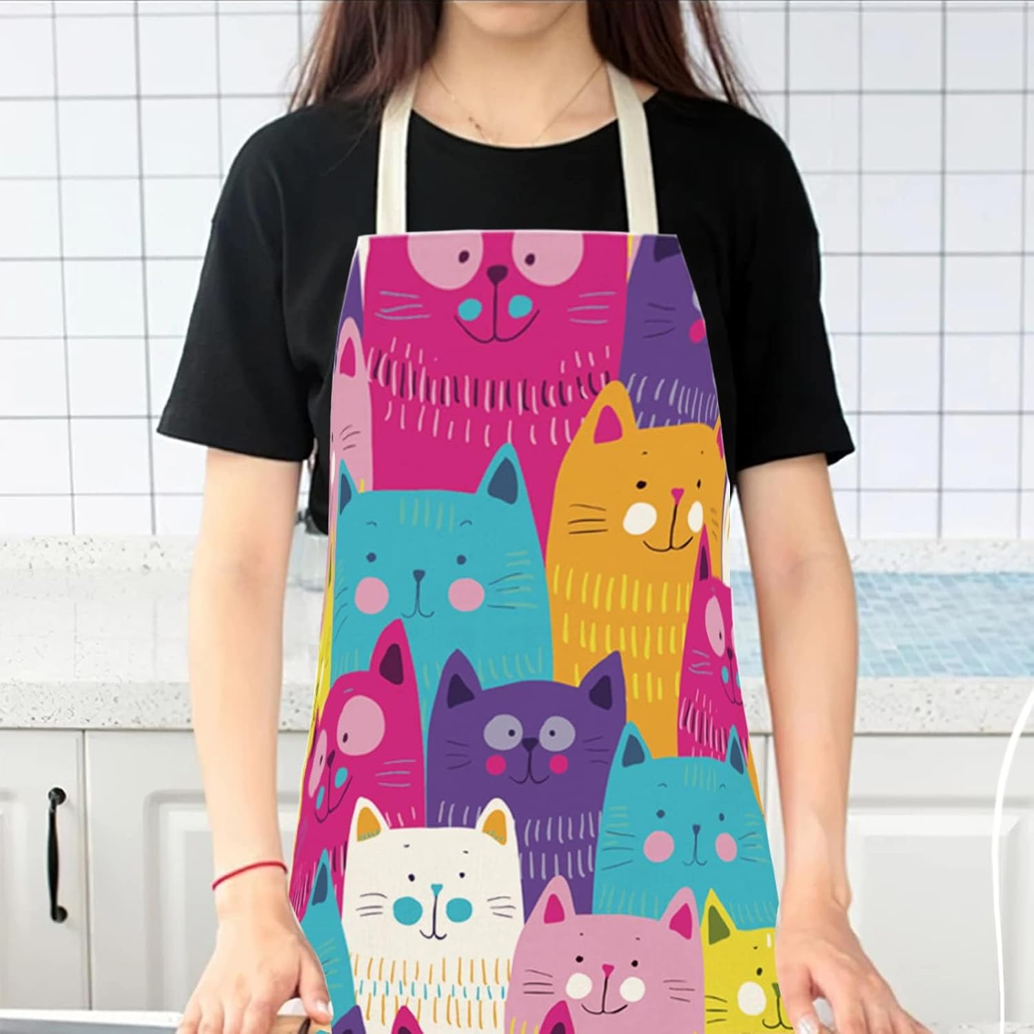 Cat Design Cute Kitchen Apron for Women & Men - Adjustable Unisex Adult Cooking Baking Apron, Funny Chef, Painting, Gardening, Party Hosting image number 6