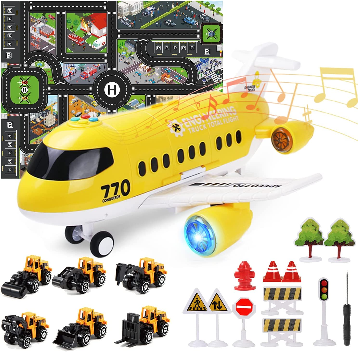 Coolplay Carrier Toy Plane Mini Construction Vehicles Set for Kids Gift Little Car Toy with Road Signs for Boys and Girls image number 4