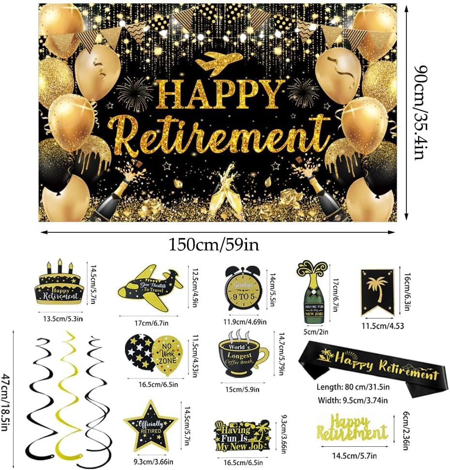 Black Gold Happy Retirement Banner Backdrop Kit with Sash,Funny Card Hanging Swirls Streamers,Cake Topper-1.5M X 0.9M Retirement Decorations Photography Party Supplies for Men Women